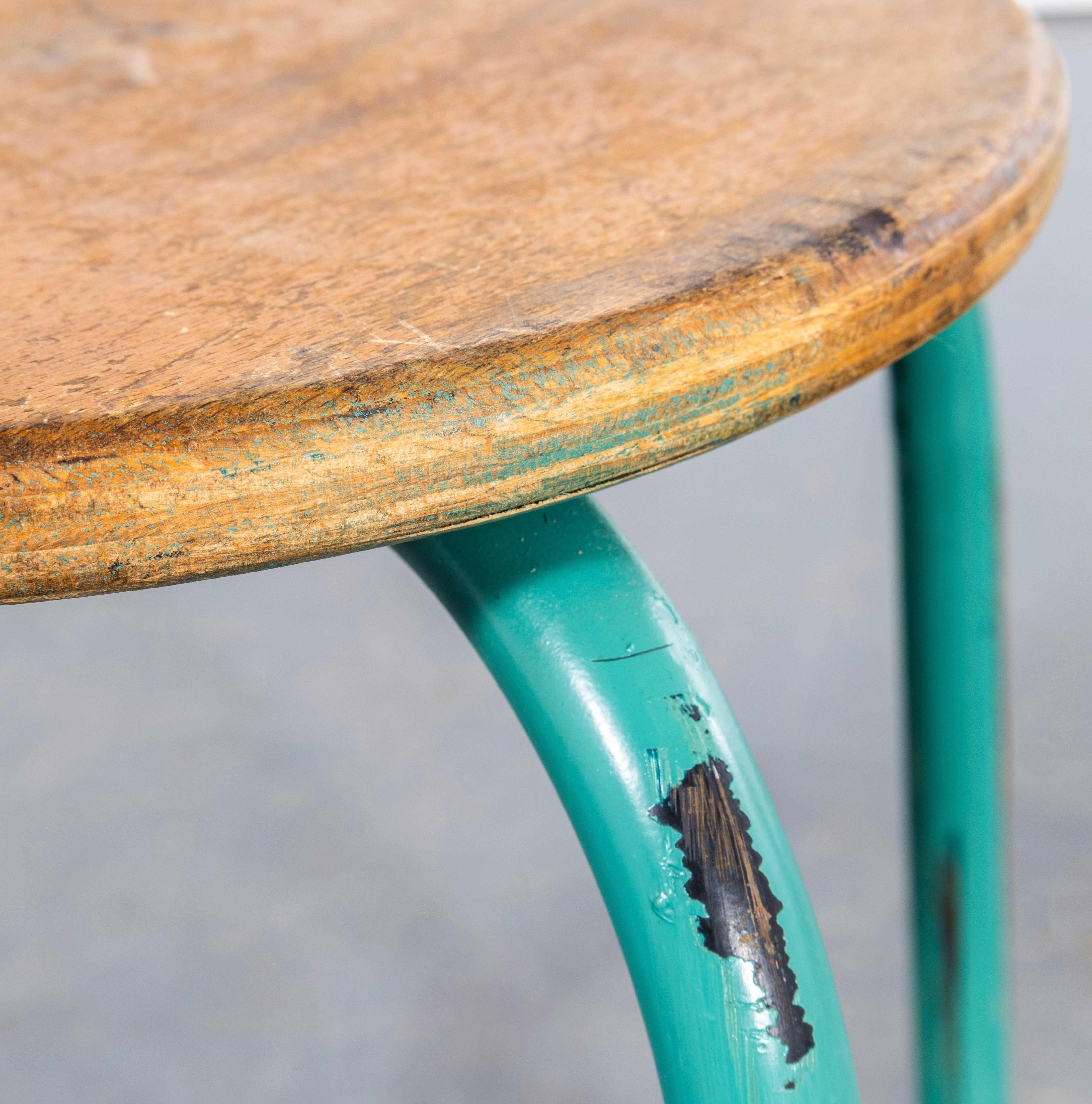 French 1960's Turquoise Stool With Round Wooden Seat