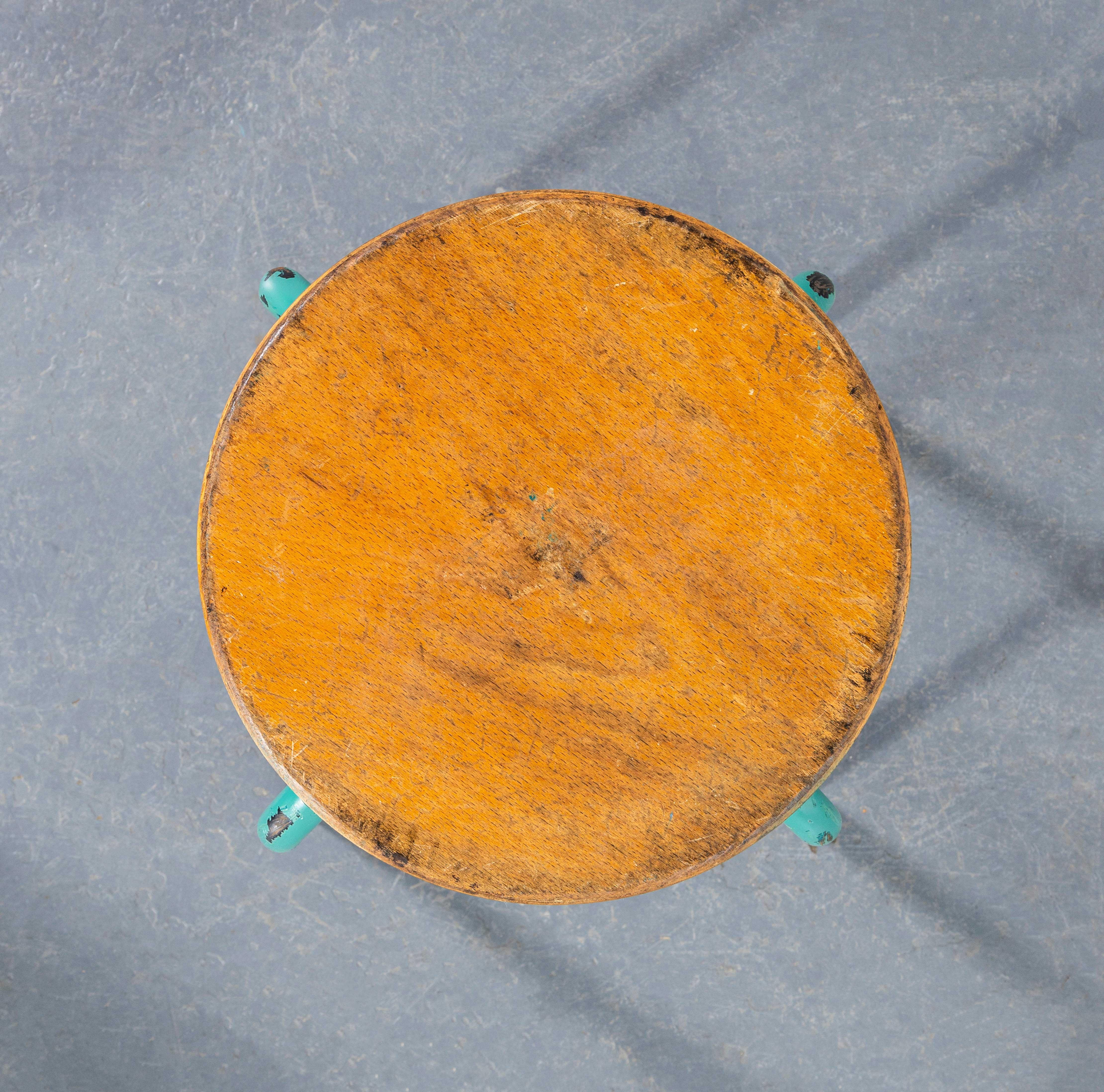 1960's Turquoise Stool With Round Wooden Seat In Good Condition In Hook, Hampshire