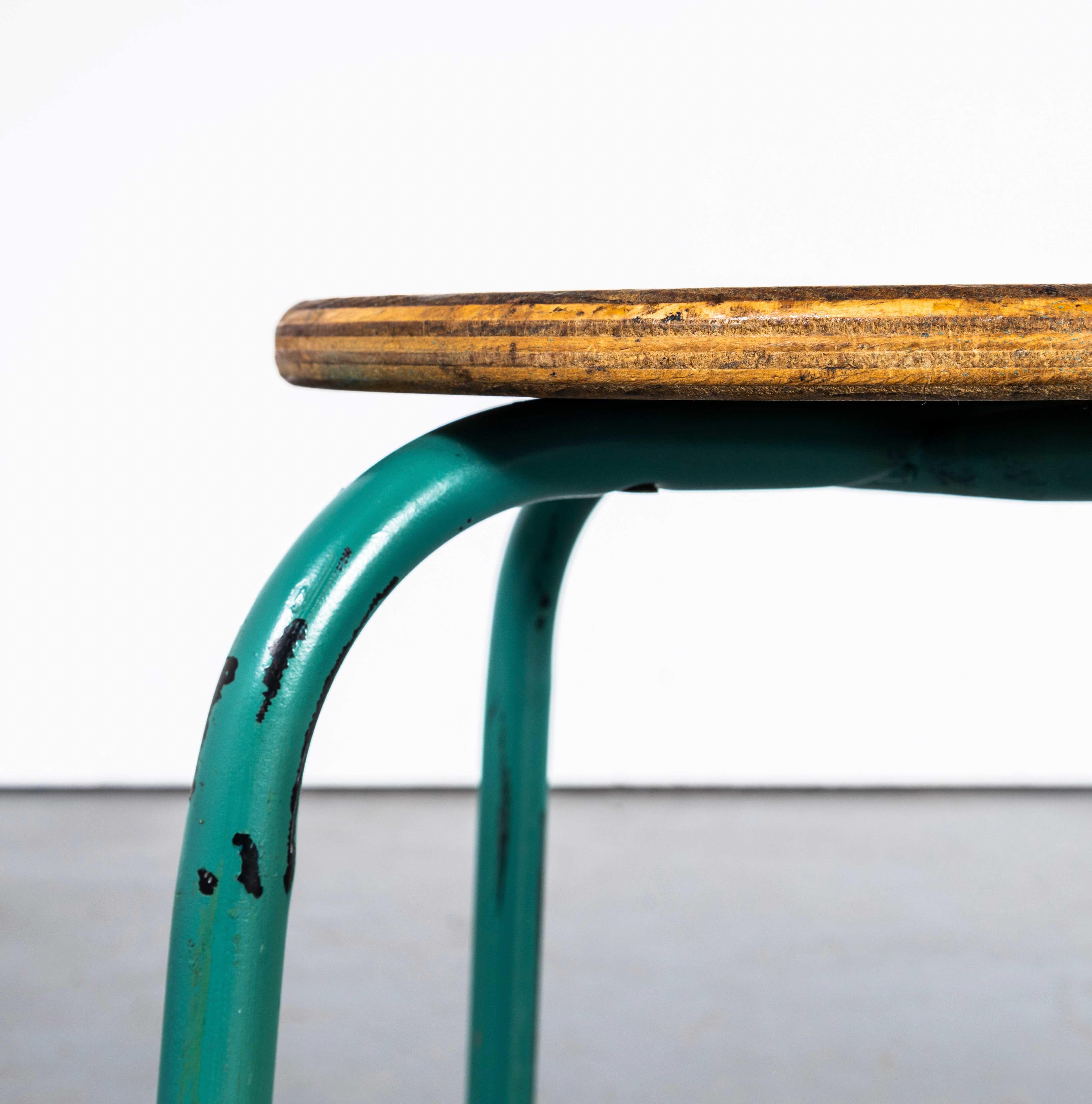Mid-20th Century 1960's Turquoise Stool With Round Wooden Seat