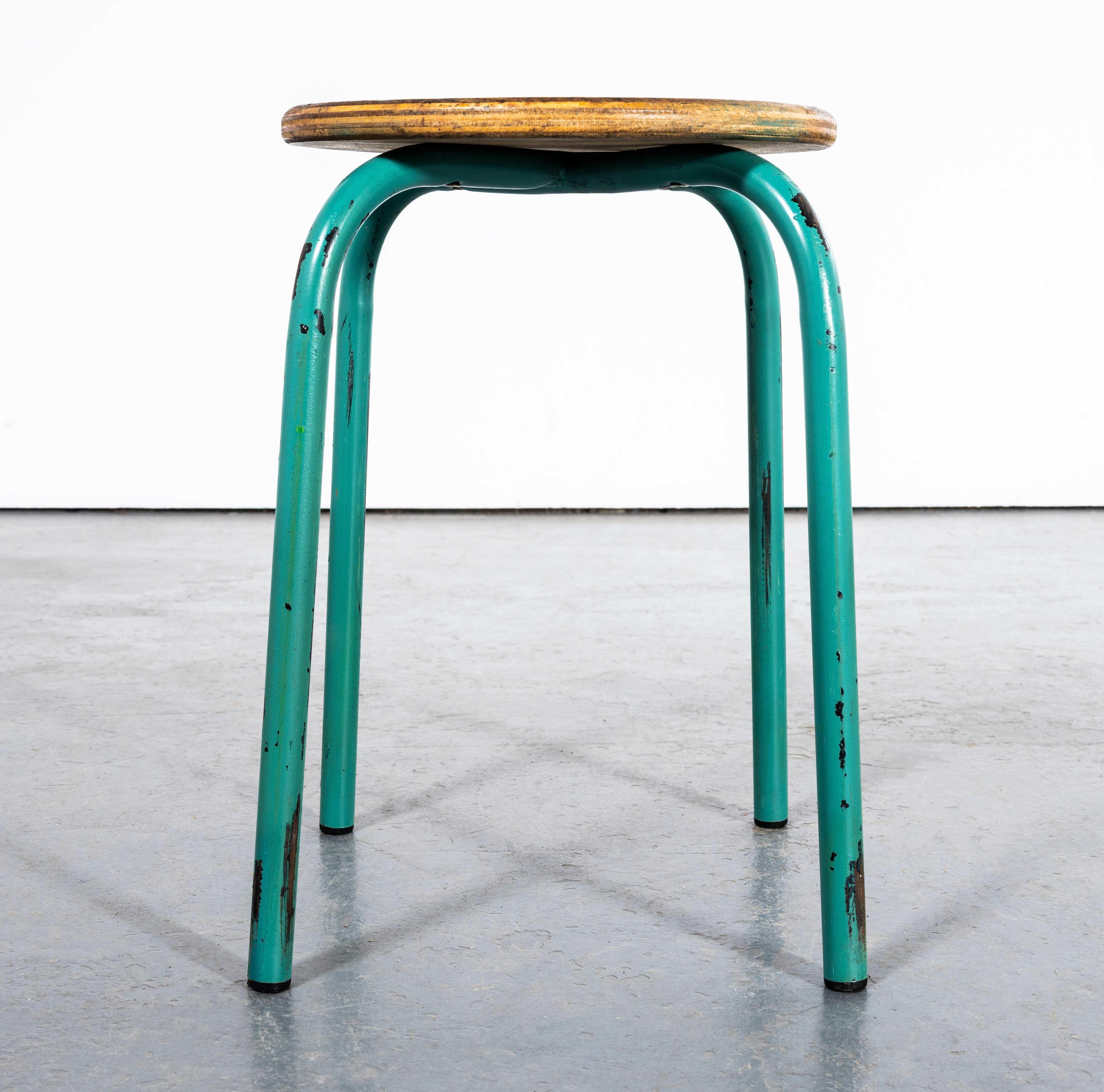 Beech 1960's Turquoise Stool With Round Wooden Seat