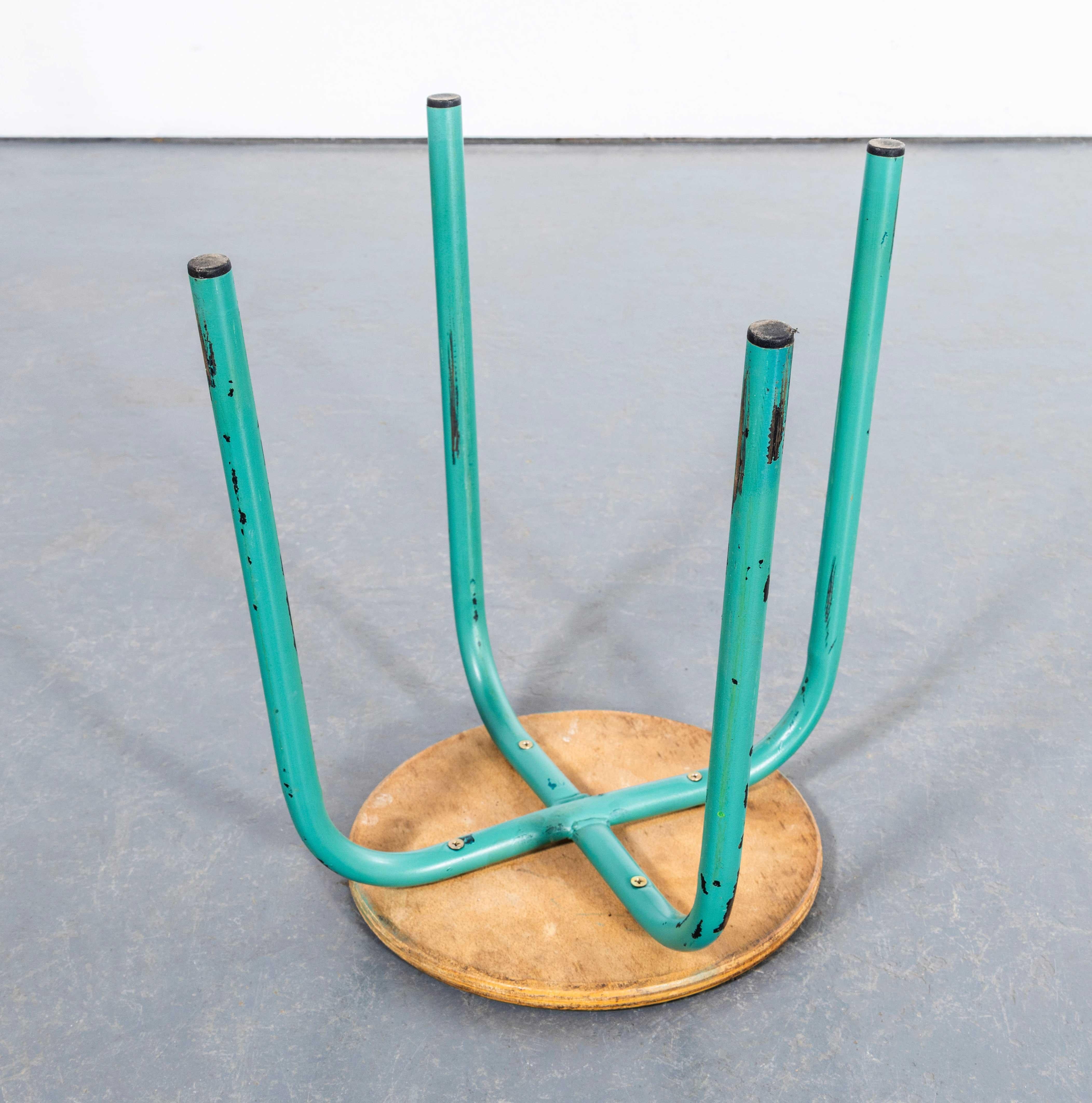 1960's Turquoise Stool With Round Wooden Seat 1