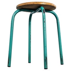 1960's Turquoise Stool With Round Wooden Seat