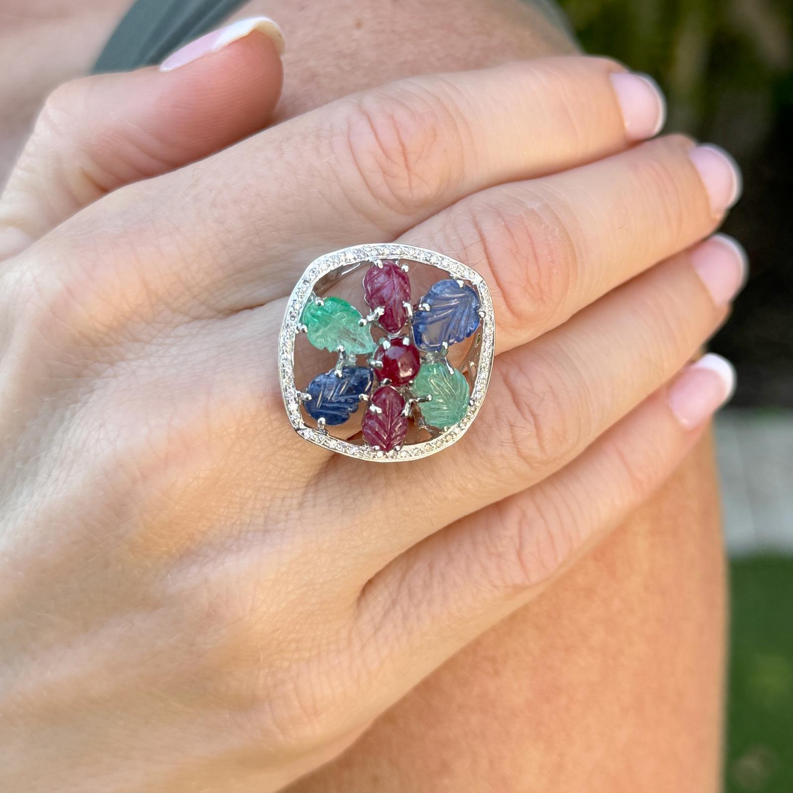 Brilliant Cut 1960's Tutti Frutti Carved Emerald Sapphire Ruby Diamond 18KWG Cocktail Ring For Sale
