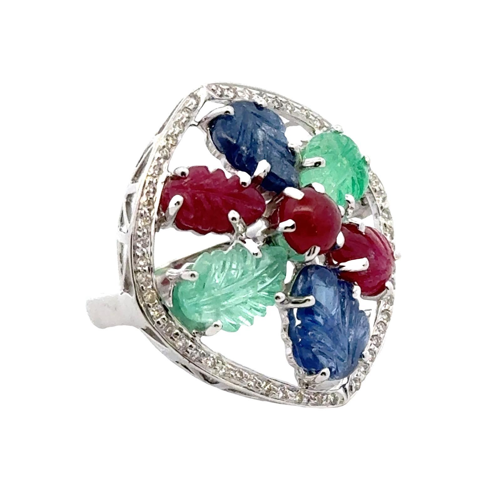 1960's Tutti Frutti Carved Emerald Sapphire Ruby Diamond 18KWG Cocktail Ring In Excellent Condition For Sale In Boca Raton, FL