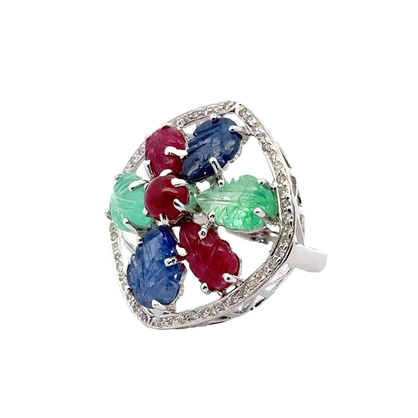 Women's 1960's Tutti Frutti Carved Emerald Sapphire Ruby Diamond 18KWG Cocktail Ring For Sale