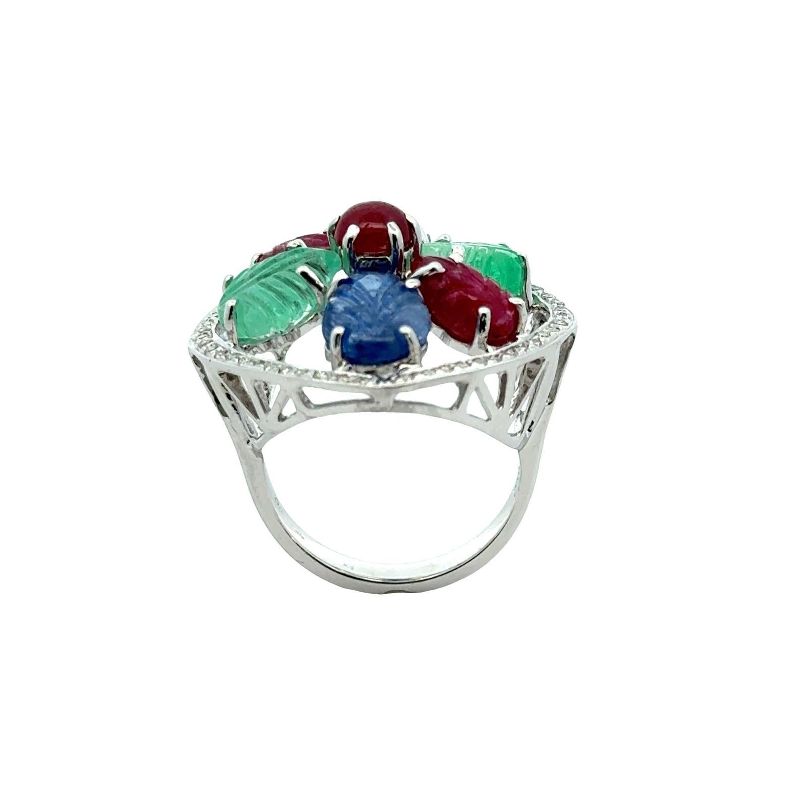 1960's Tutti Frutti Carved Emerald Sapphire Ruby Diamond 18KWG Cocktail Ring For Sale 1