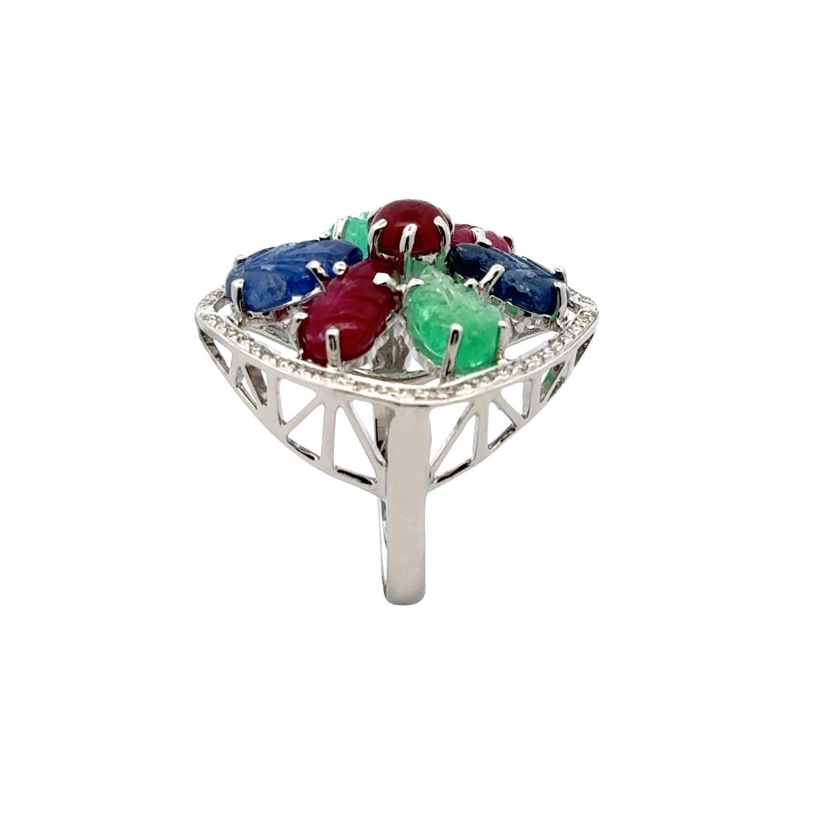 1960's Tutti Frutti Carved Emerald Sapphire Ruby Diamond 18KWG Cocktail Ring For Sale 2