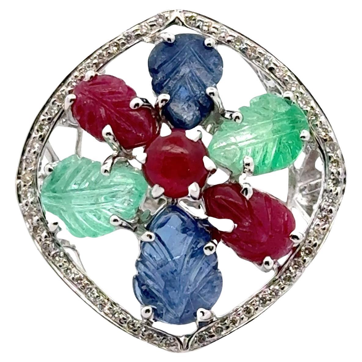 1960's Tutti Frutti Carved Emerald Sapphire Ruby Diamond 18KWG Cocktail Ring