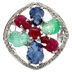 Vintage 1960's Tutti Frutti Carved Emerald Sapphire Ruby Diamond 18KWG Cocktail Ring