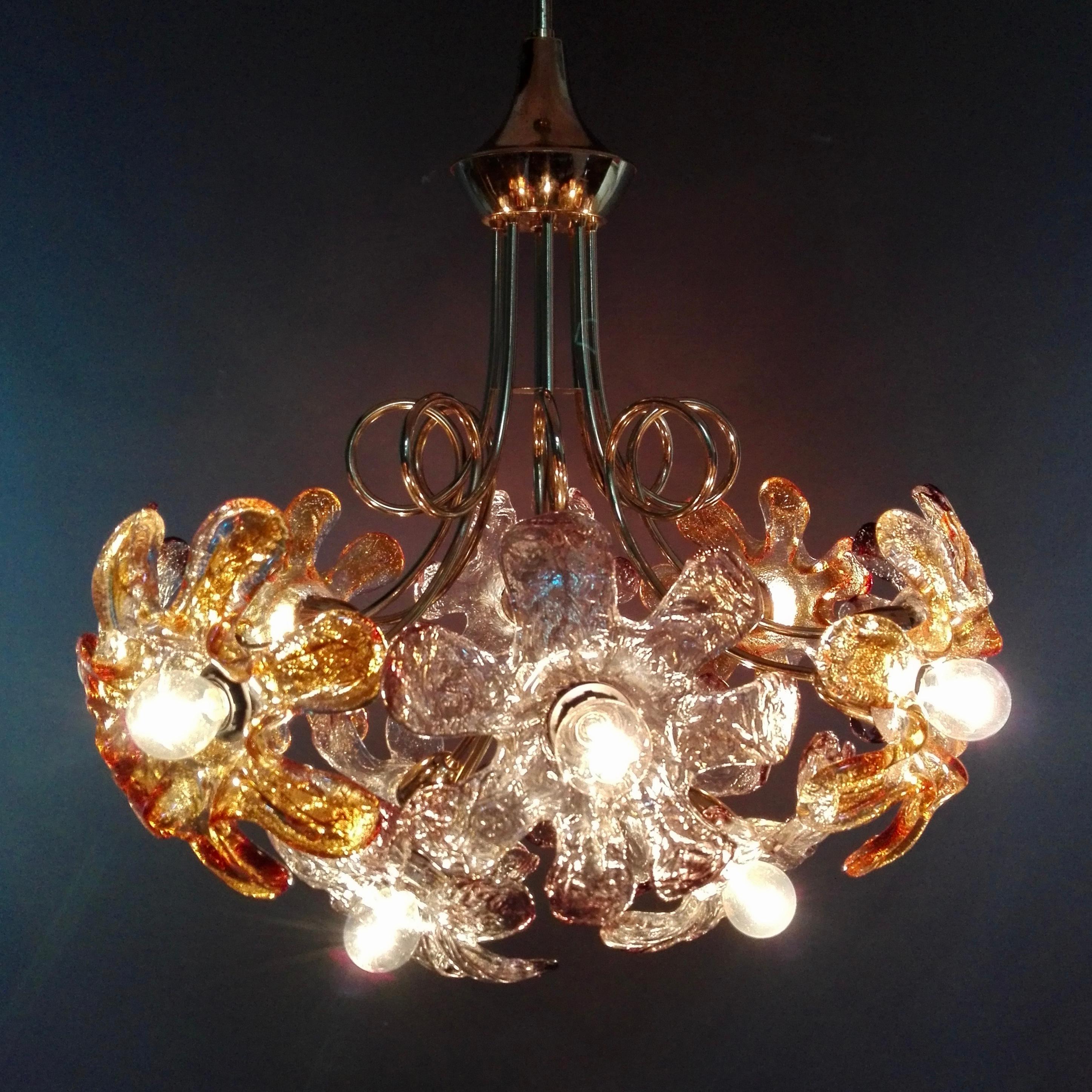 1960s Mazzega Twelve-Light Chandelier with Flower-Shaped Murano Art Glass Shades For Sale 1