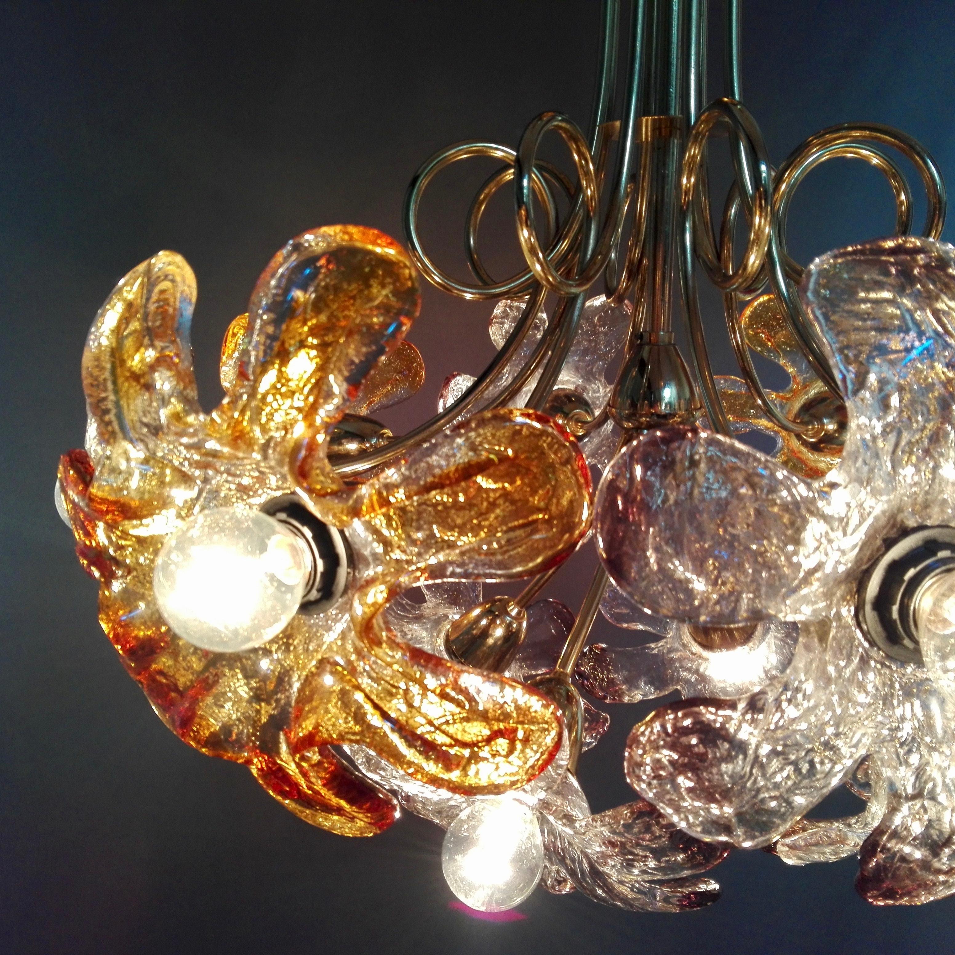 1960s Mazzega Twelve-Light Chandelier with Flower-Shaped Murano Art Glass Shades For Sale 5