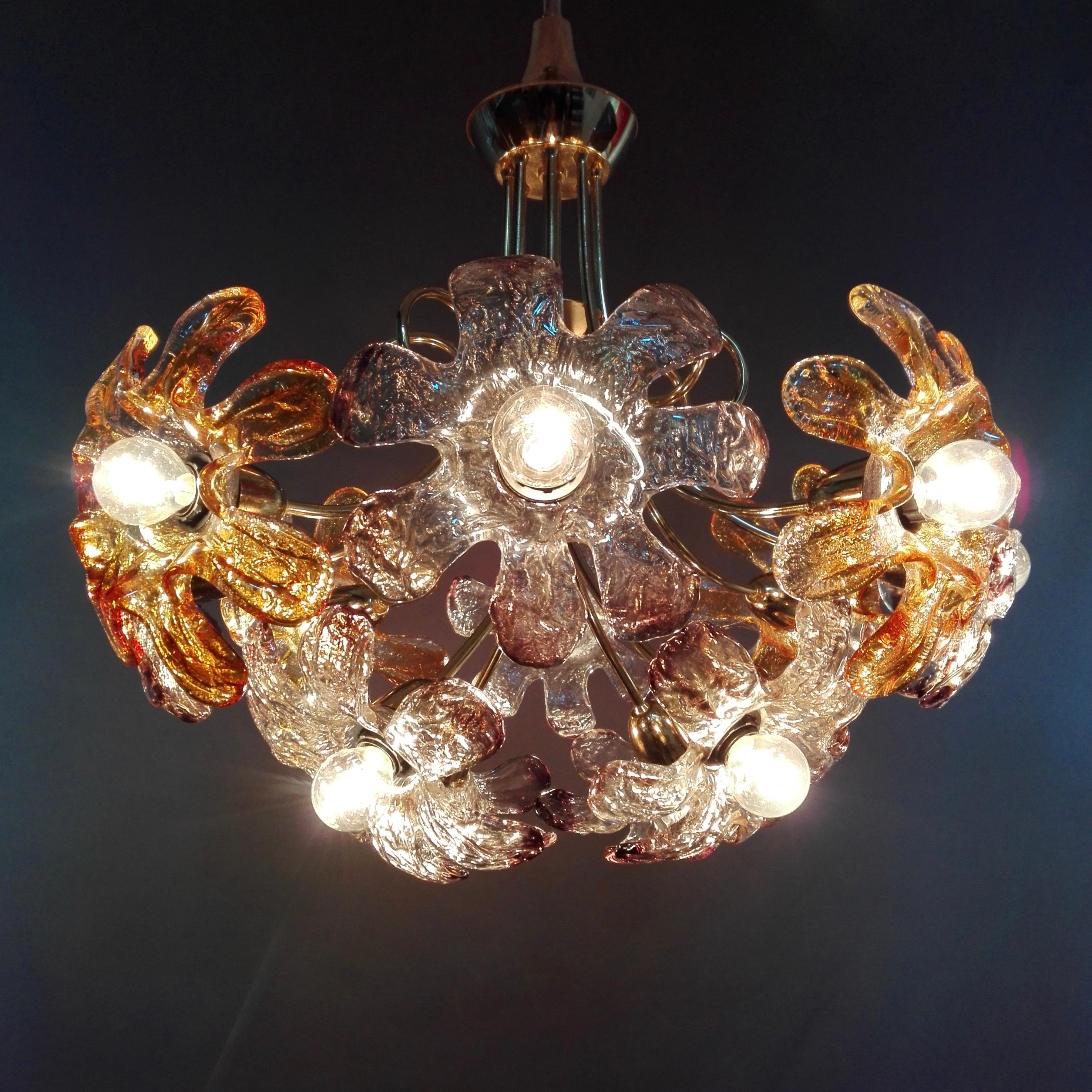 Mid-Century Modern 1960s Mazzega Twelve-Light Chandelier with Flower-Shaped Murano Art Glass Shades For Sale
