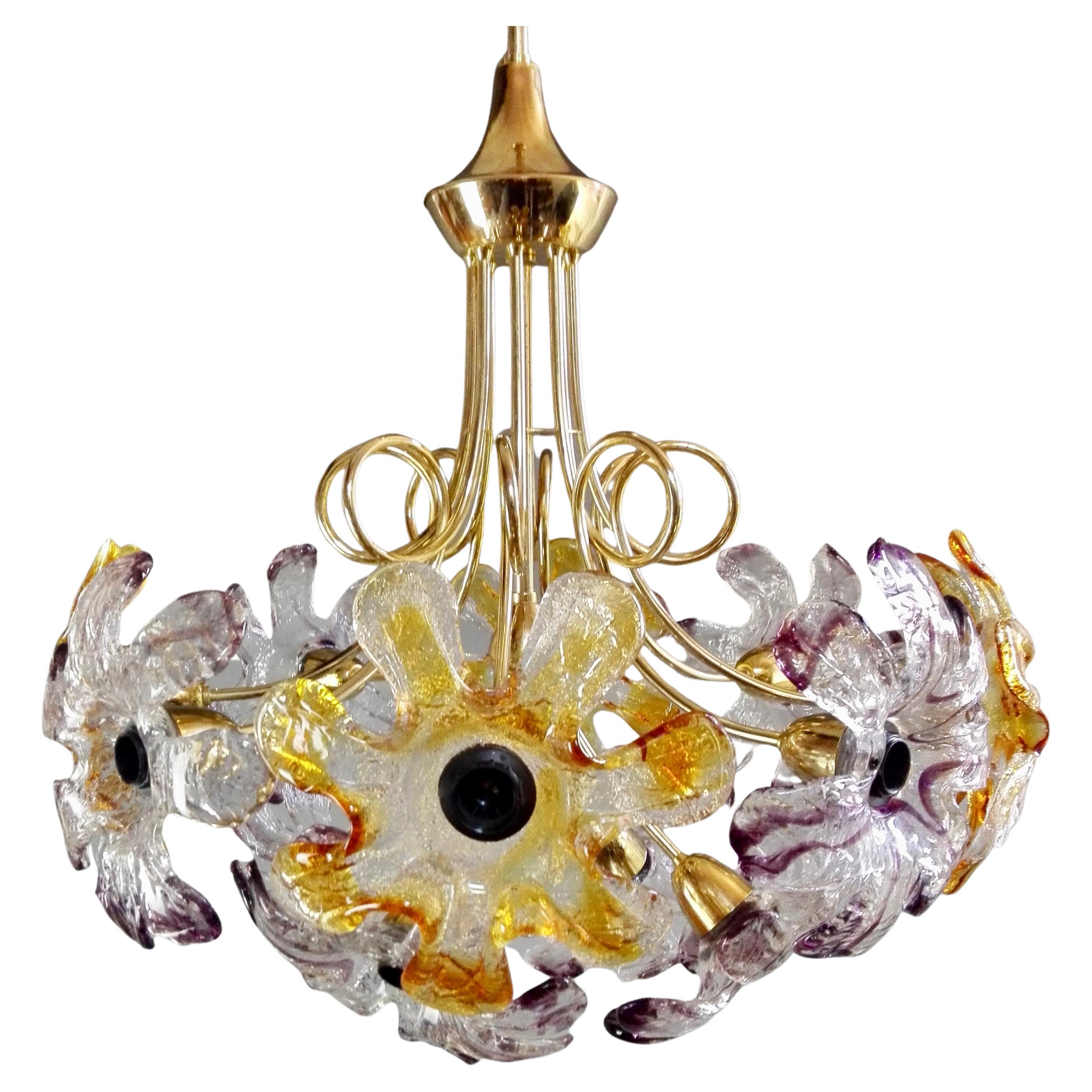 1960s Mazzega Twelve-Light Chandelier with Flower-Shaped Murano Art Glass Shades For Sale