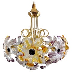 1960s Mazzega Twelve-Light Chandelier with Flower-Shaped Murano Art Glass Shades