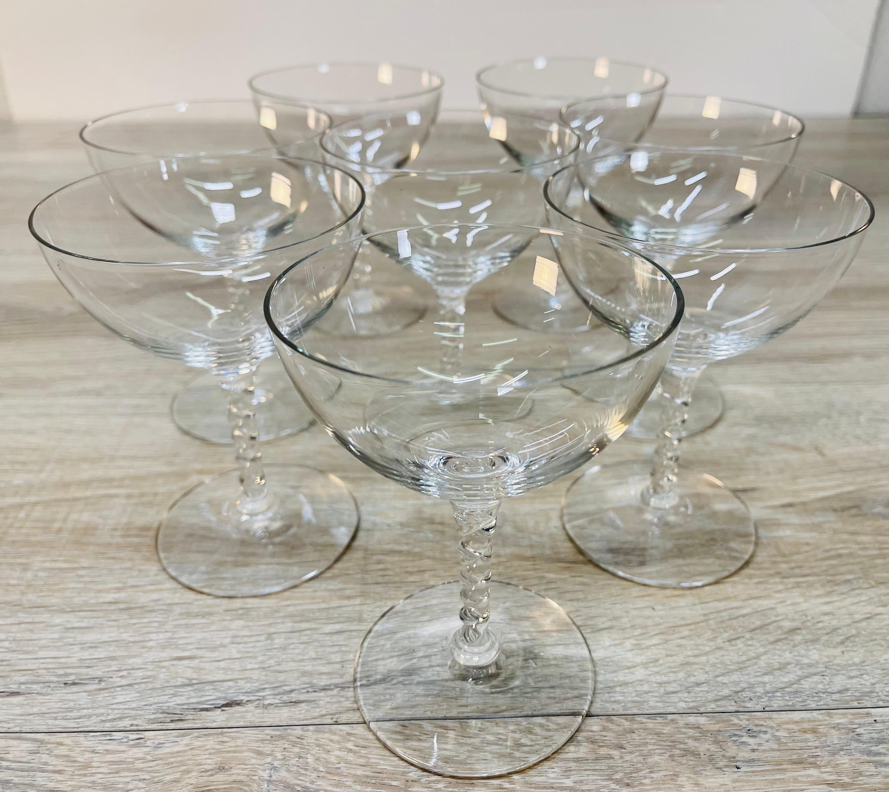 Mid-Century Modern 1960s Twisted Stem Glass Coupes, Set of 8 For Sale