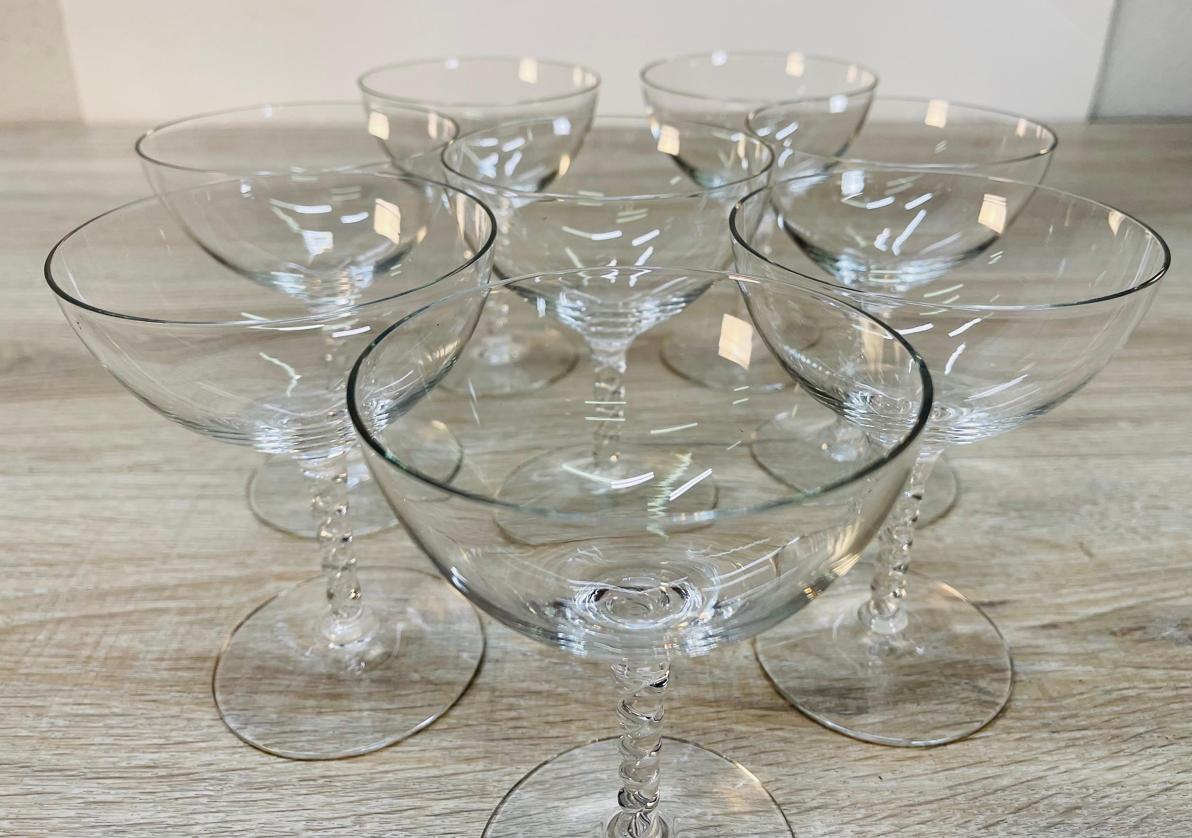 1960s Twisted Stem Glass Coupes, Set of 8 In Good Condition For Sale In Amherst, NH