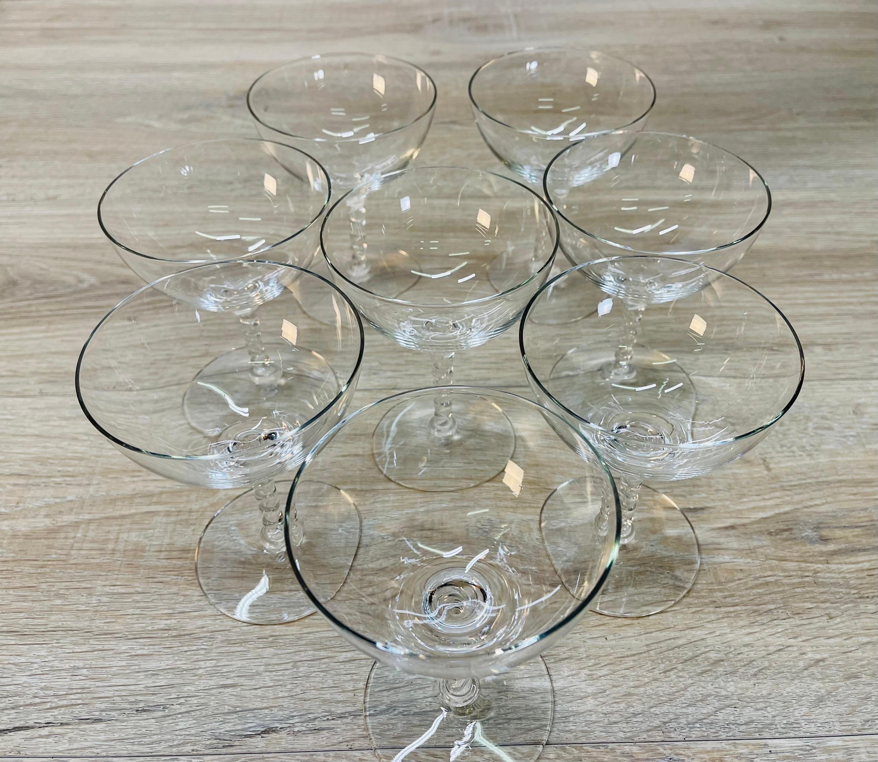 20th Century 1960s Twisted Stem Glass Coupes, Set of 8 For Sale