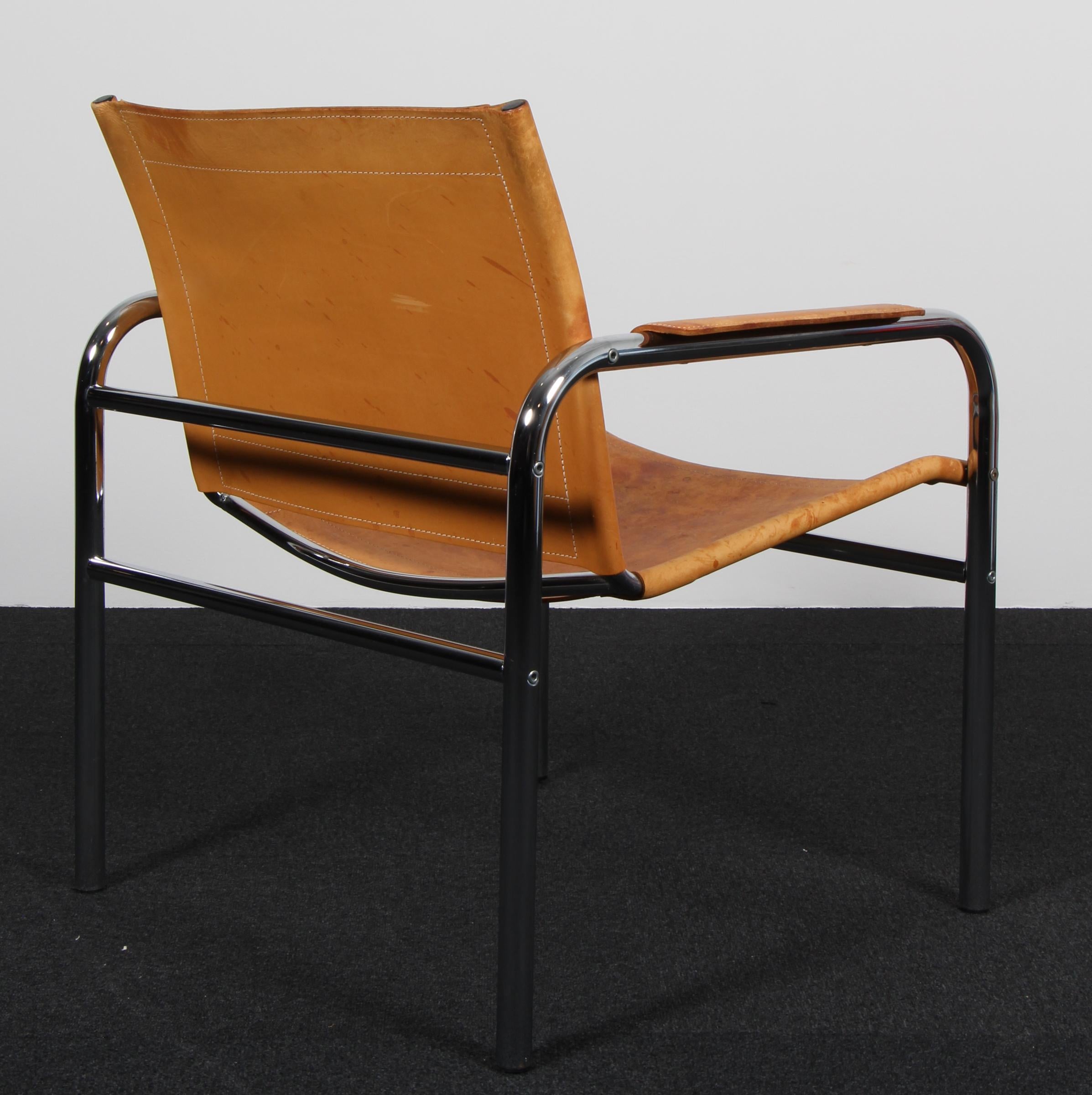 Stainless Steel 1960s , Two Leather and Tubular Steel Arm Chair 'Klinte' by Tord Björklund For Sale
