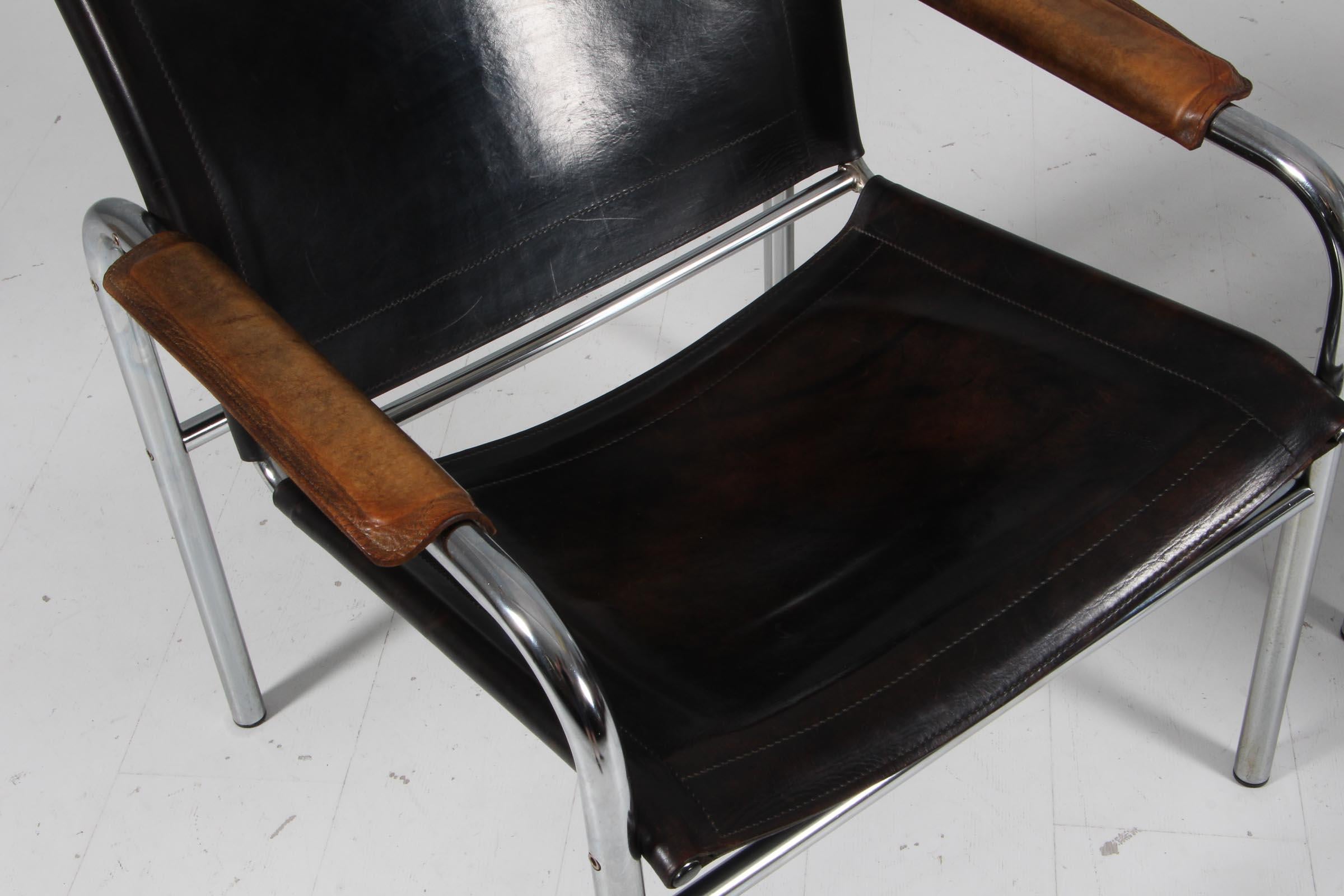 1960s , Two Leather and Tubular Steel Arm Chairs 'Klinte' by Tord Björklund In Good Condition For Sale In Esbjerg, DK