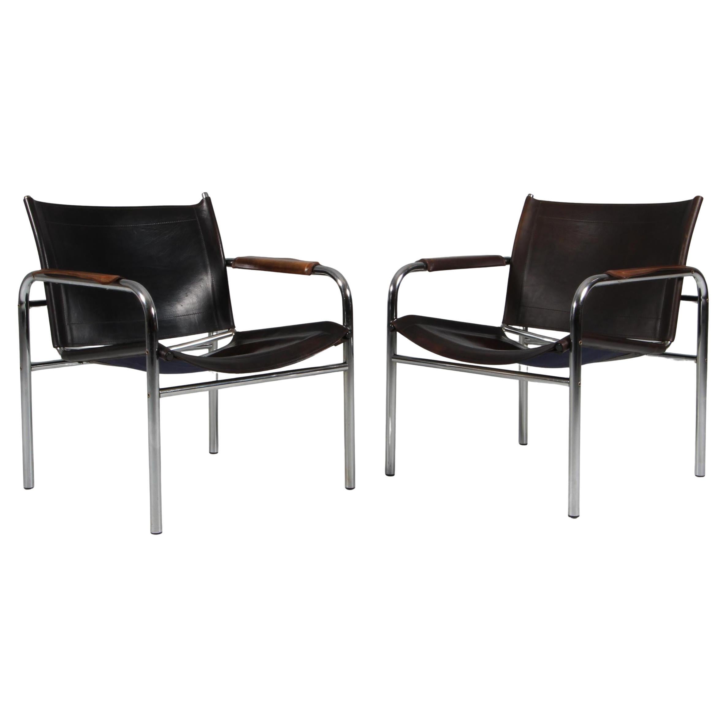 1960s , Two Leather and Tubular Steel Arm Chairs 'Klinte' by Tord Björklund