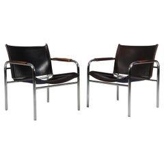 1960s , Two Leather and Tubular Steel Arm Chairs 'Klinte' by Tord Björklund