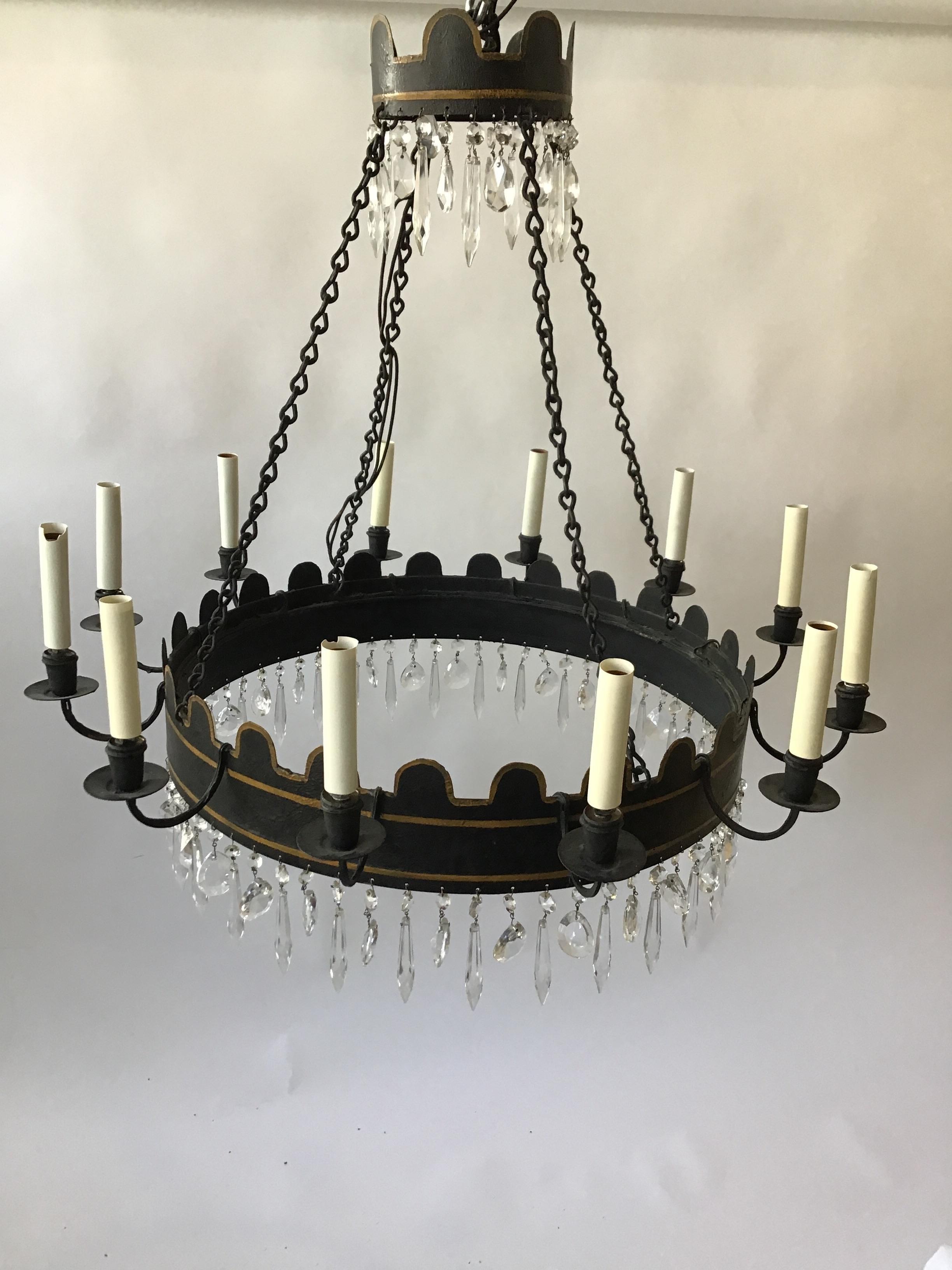 1960s two-tier tole/crystal chandelier. From a Scarsdale, NY estate.