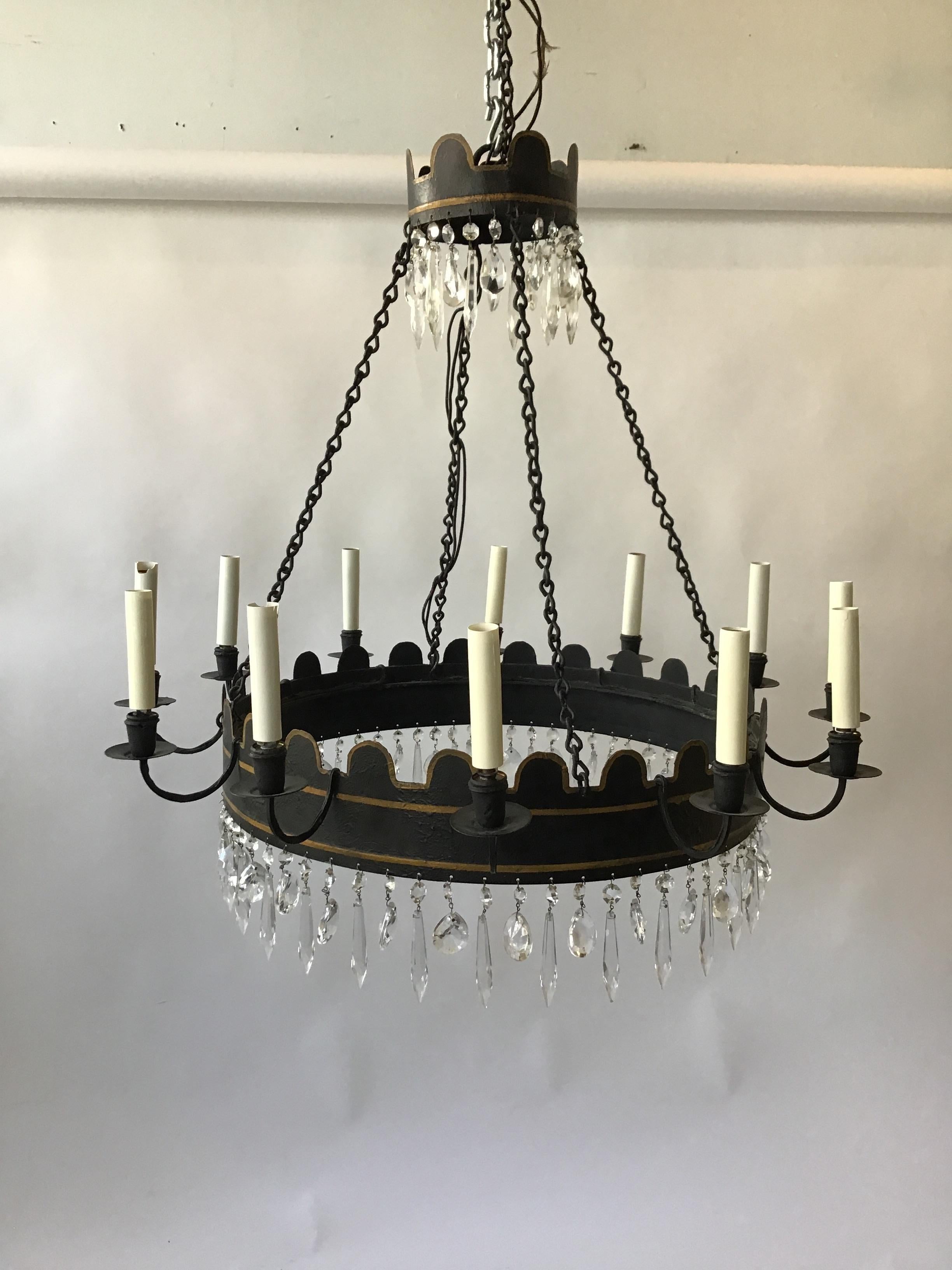 1960s Two-Tier Tole/Crystal Chandelier In Good Condition For Sale In Tarrytown, NY