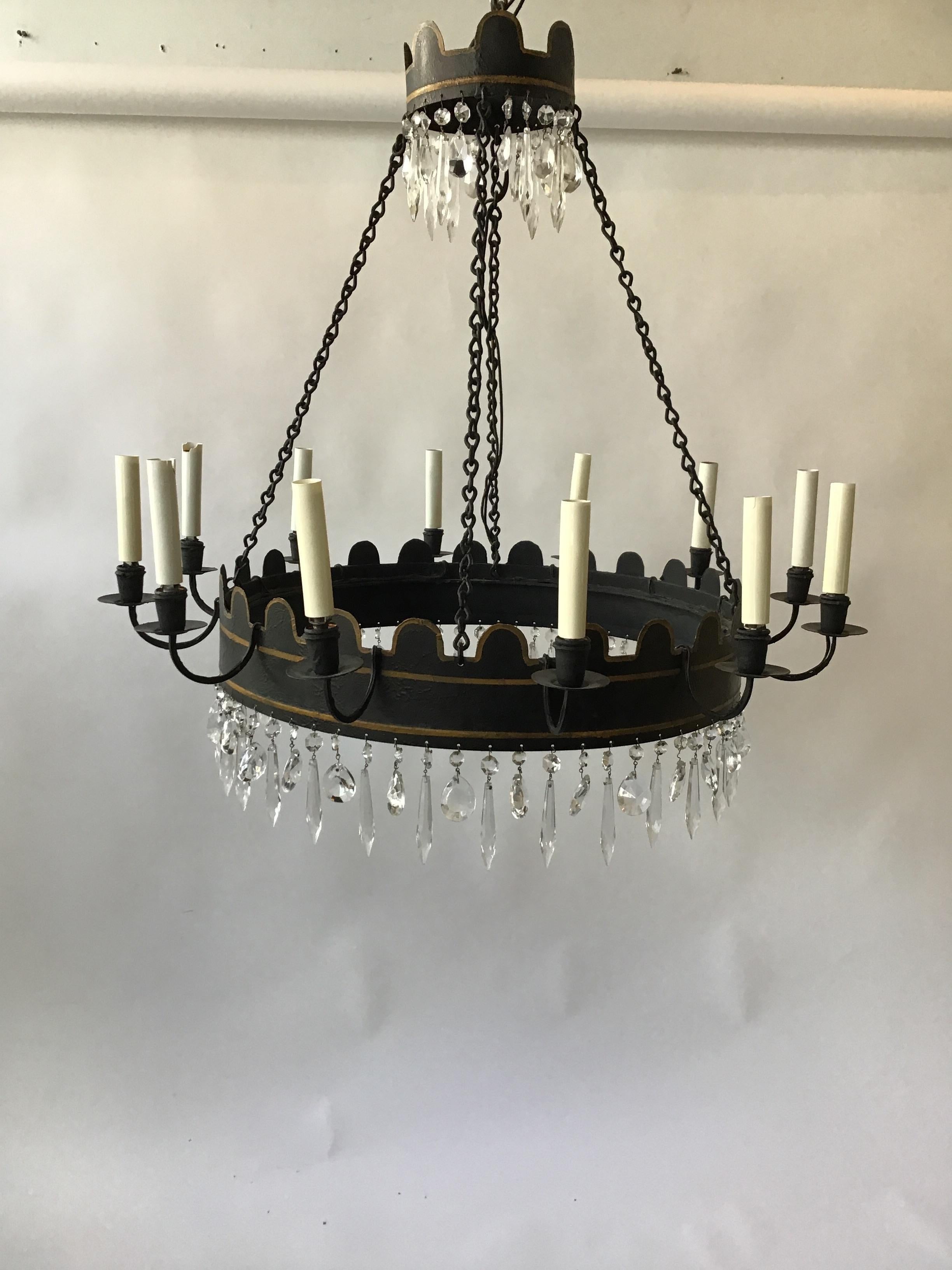 Mid-20th Century 1960s Two-Tier Tole/Crystal Chandelier For Sale