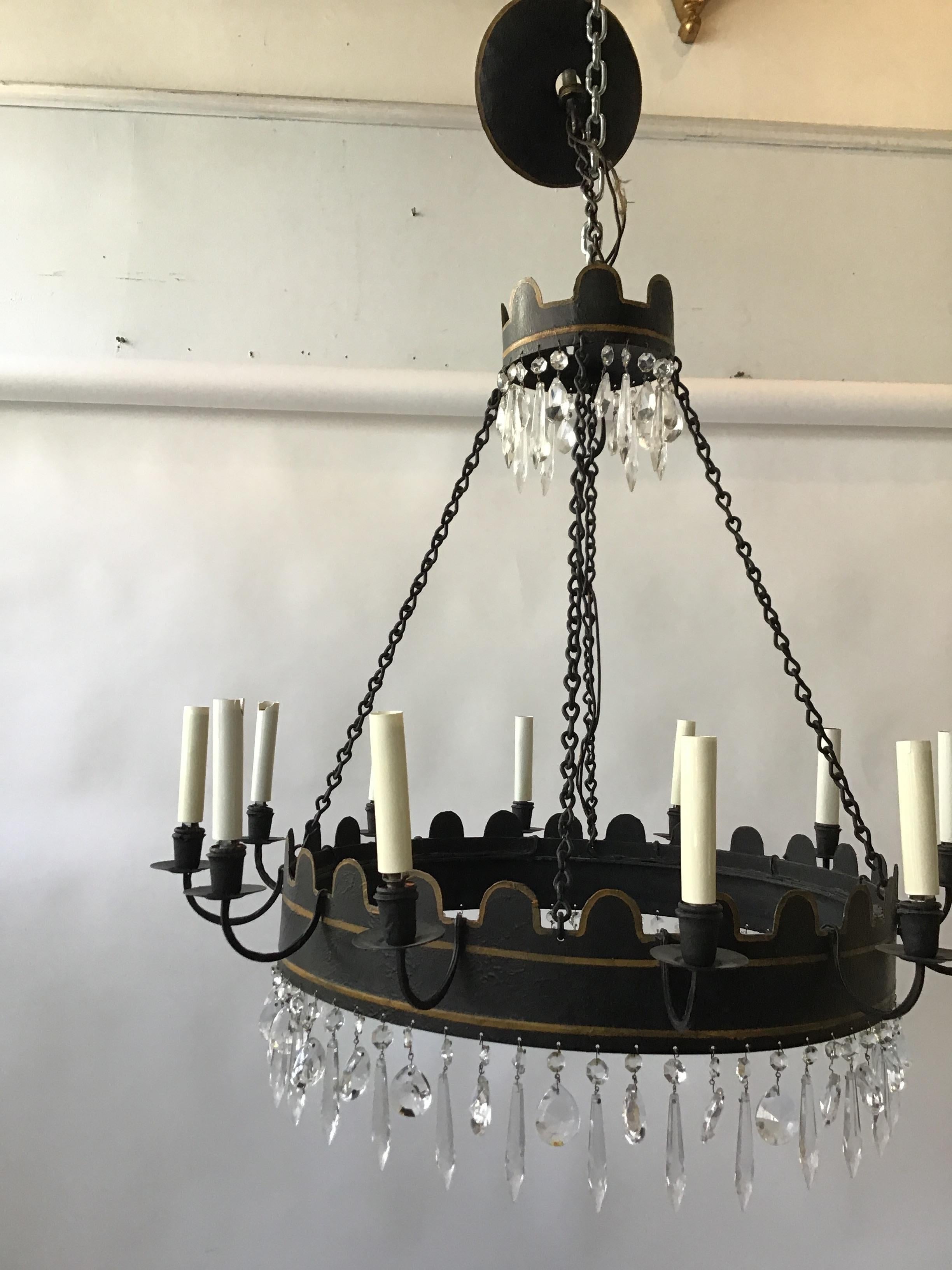 Iron 1960s Two-Tier Tole/Crystal Chandelier For Sale