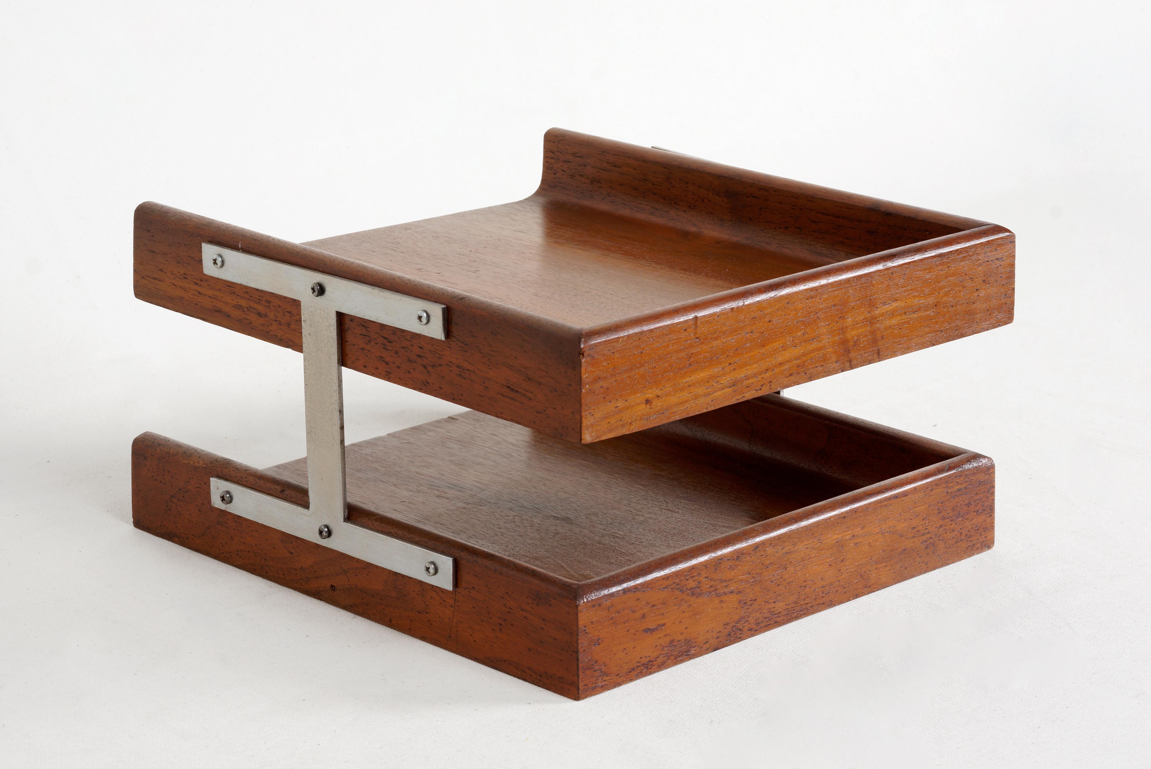 1960s modern walnut paper tray with steel bracket. This uncommon, two-tier organizer features rounded edges and a great streamlined profile. It's perfect for keeping your mail and memos in one tidy place. Wood shows very gentle wear as pictured.