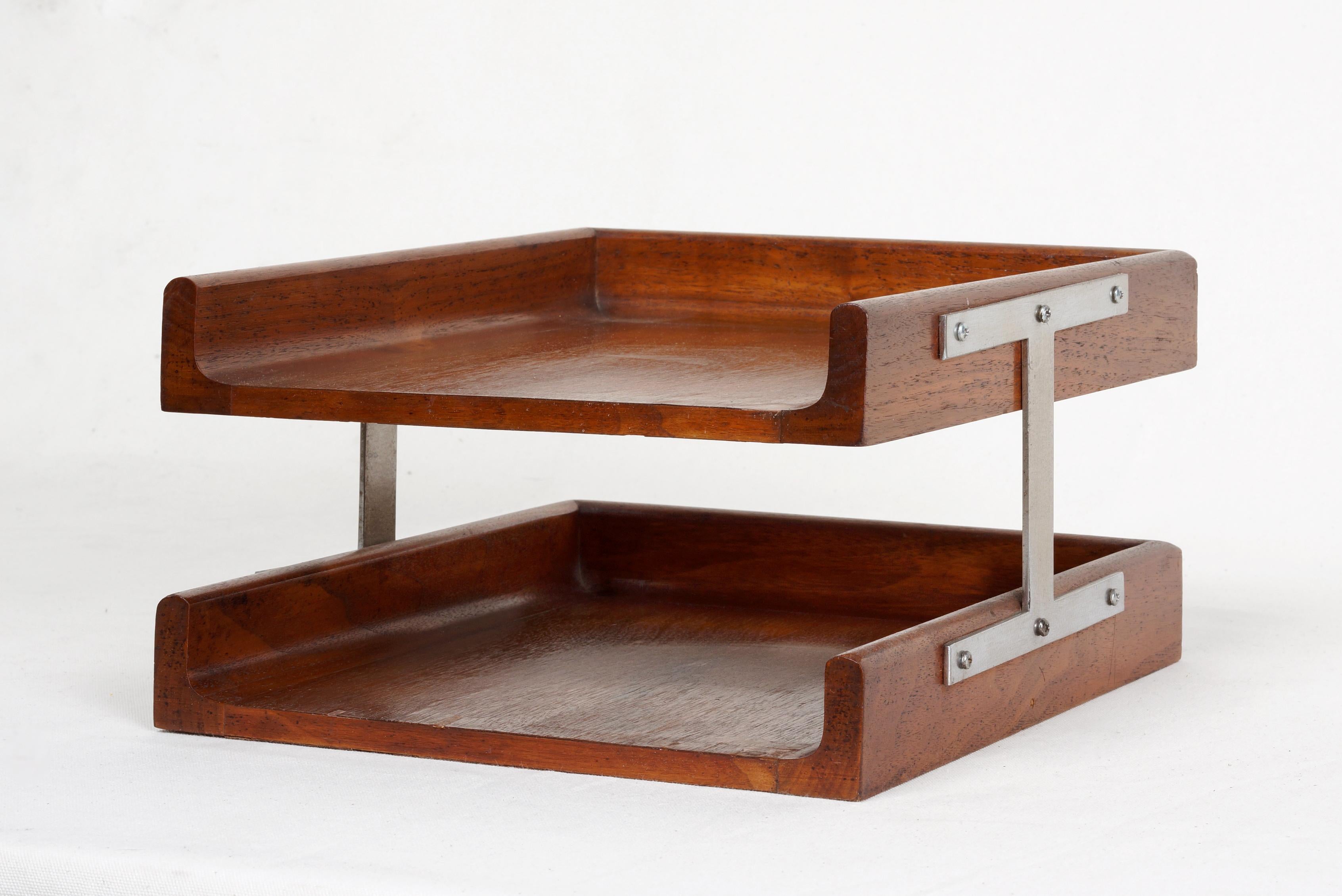 Mid-Century Modern 1960s Two-Tier Walnut Paper Tray