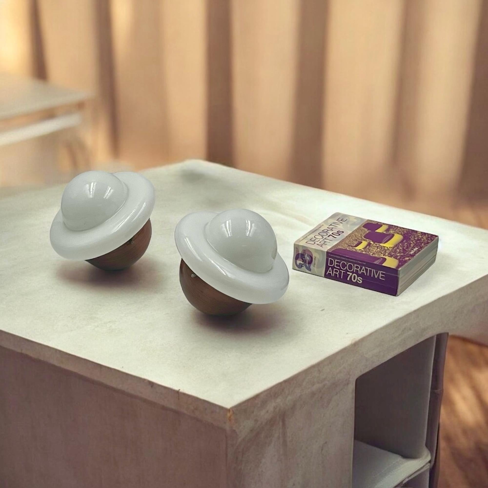 1960s UFO Lamps Pair – Iconic Space Age Design with Wood Base and Opaline Glass 5