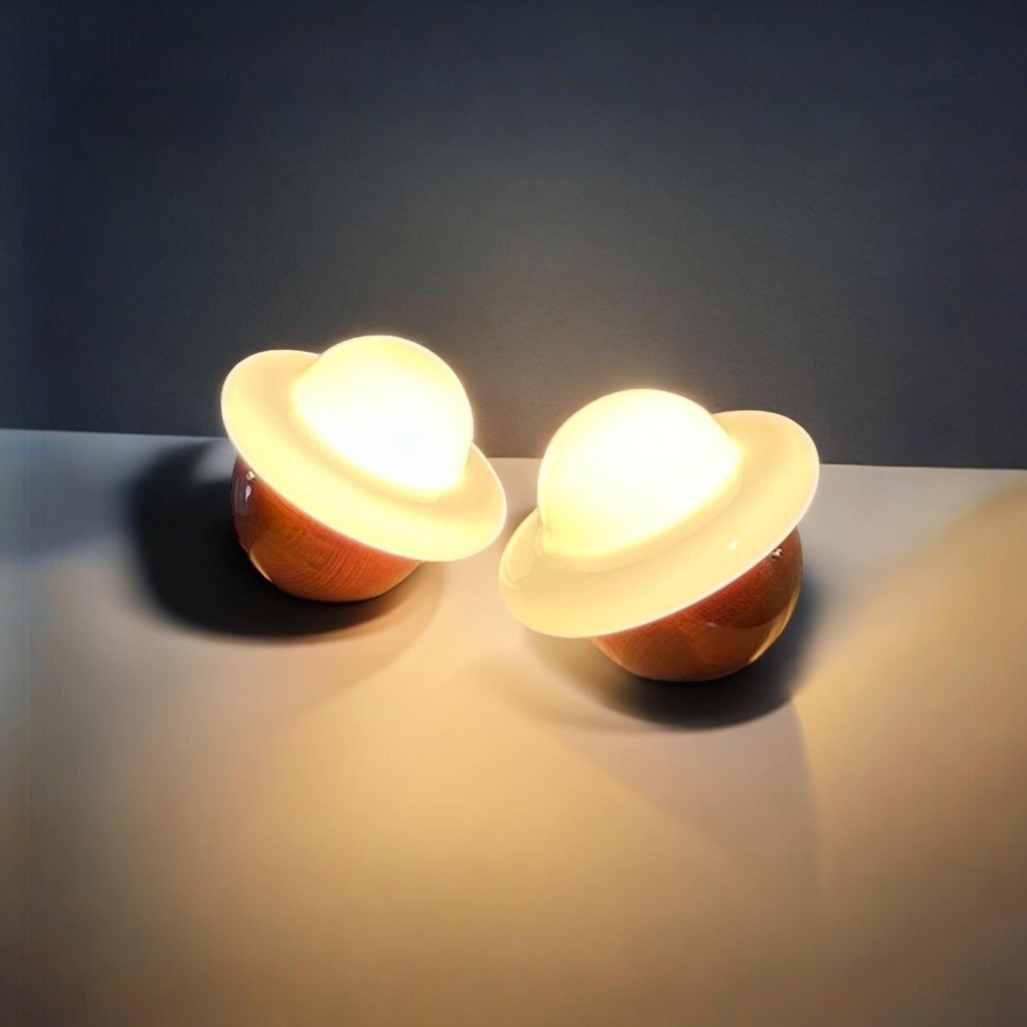 Italian 1960s UFO Lamps Pair – Iconic Space Age Design with Wood Base and Opaline Glass