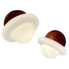 1960s UFO Lamps Pair – Iconic Space Age Design with Wood Base and Opaline Glass