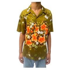 Vintage 1960S Ui-Maikai Olive Green Tropical Cotton Orange Flowers Hawaiian Shirt
