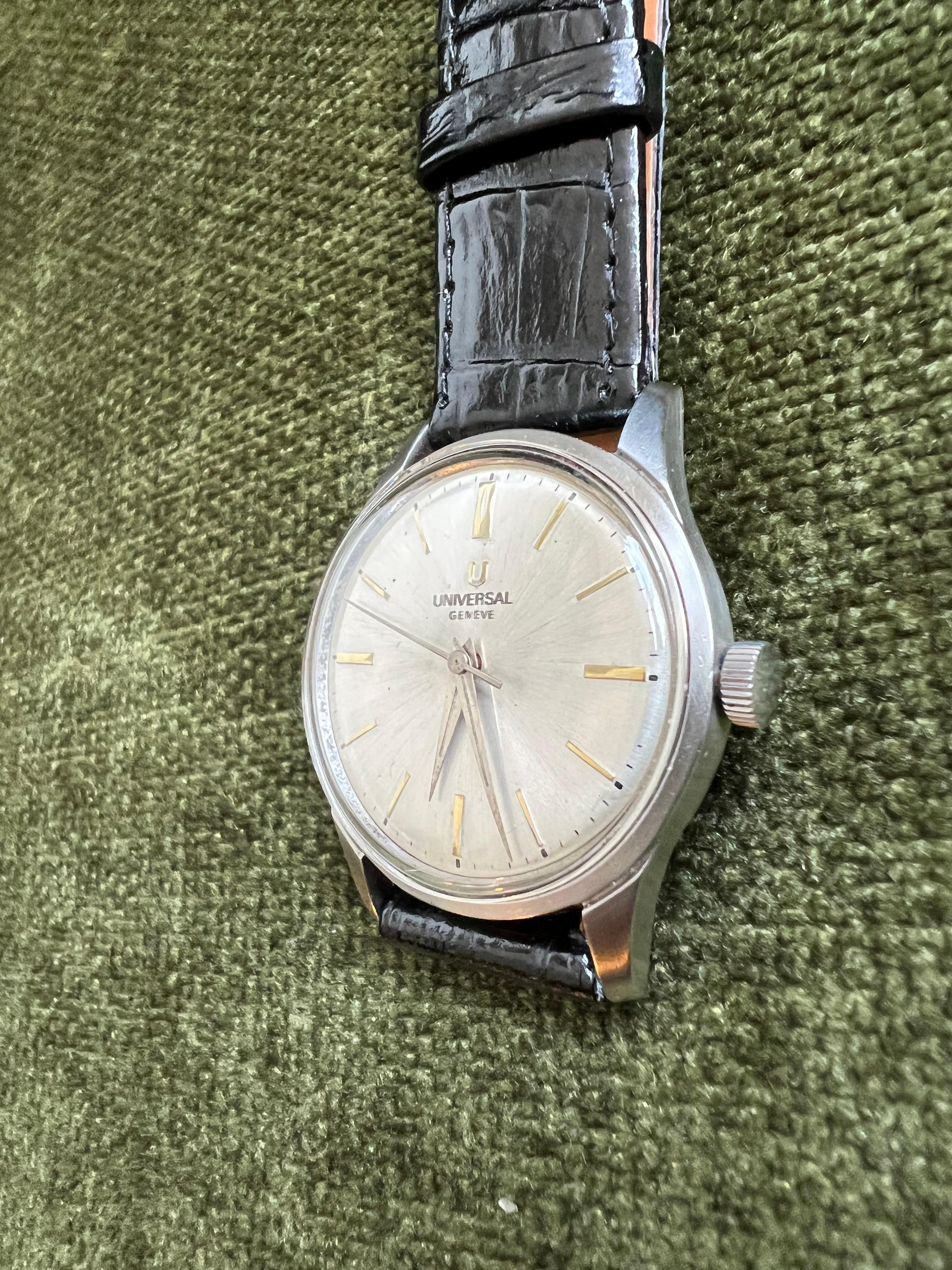 Aesthetic Movement  Vintage & Rare Universal Geneva White Face Circa 1960 Classic Dress Watch For Sale