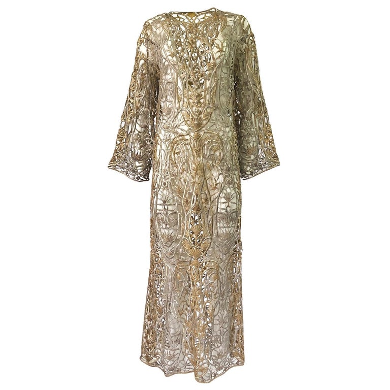 1960s Unlabeled Couture Heavy Metallic Gold and Silver Thread Caftan ...