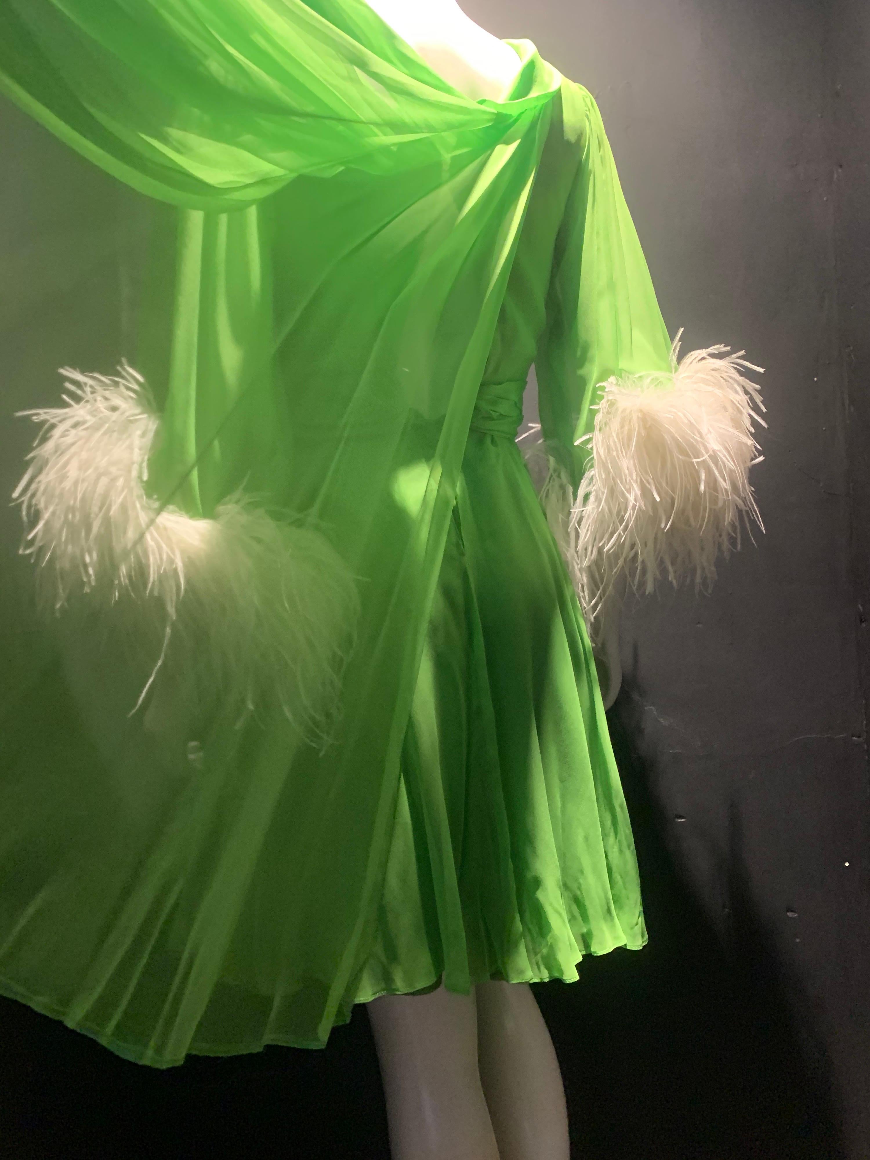 1960s Unlabeled Lime Silk Chiffon Cocktail Dress w/ Jeweled Belt & Ostrich Cuffs 2