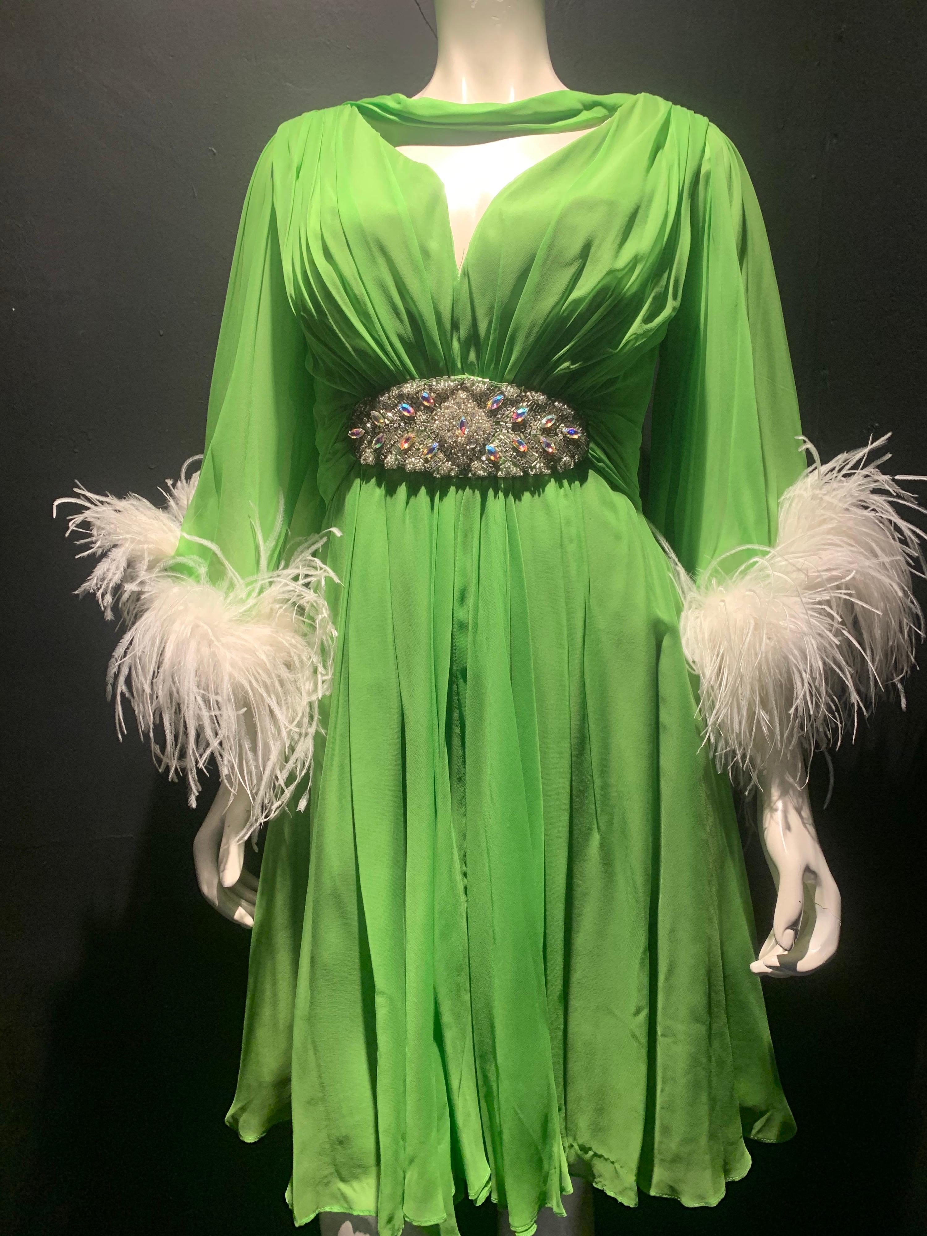 1960s Unlabeled Lime Silk Chiffon Cocktail Dress w/ Jeweled Belt & Ostrich Cuffs 3