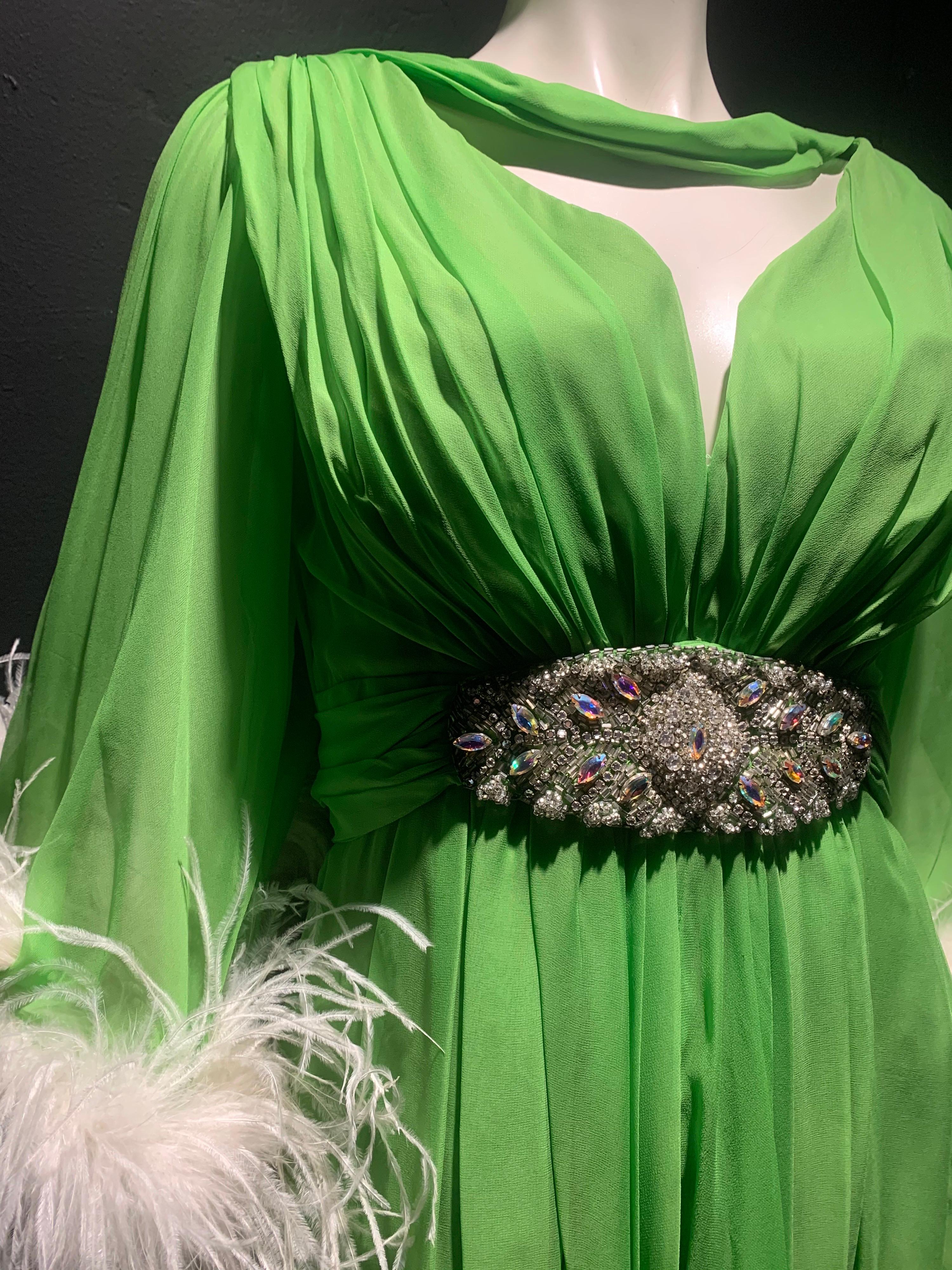 1960s Unlabeled Lime Silk Chiffon Cocktail Dress w/ Jeweled Belt & Ostrich Cuffs 4