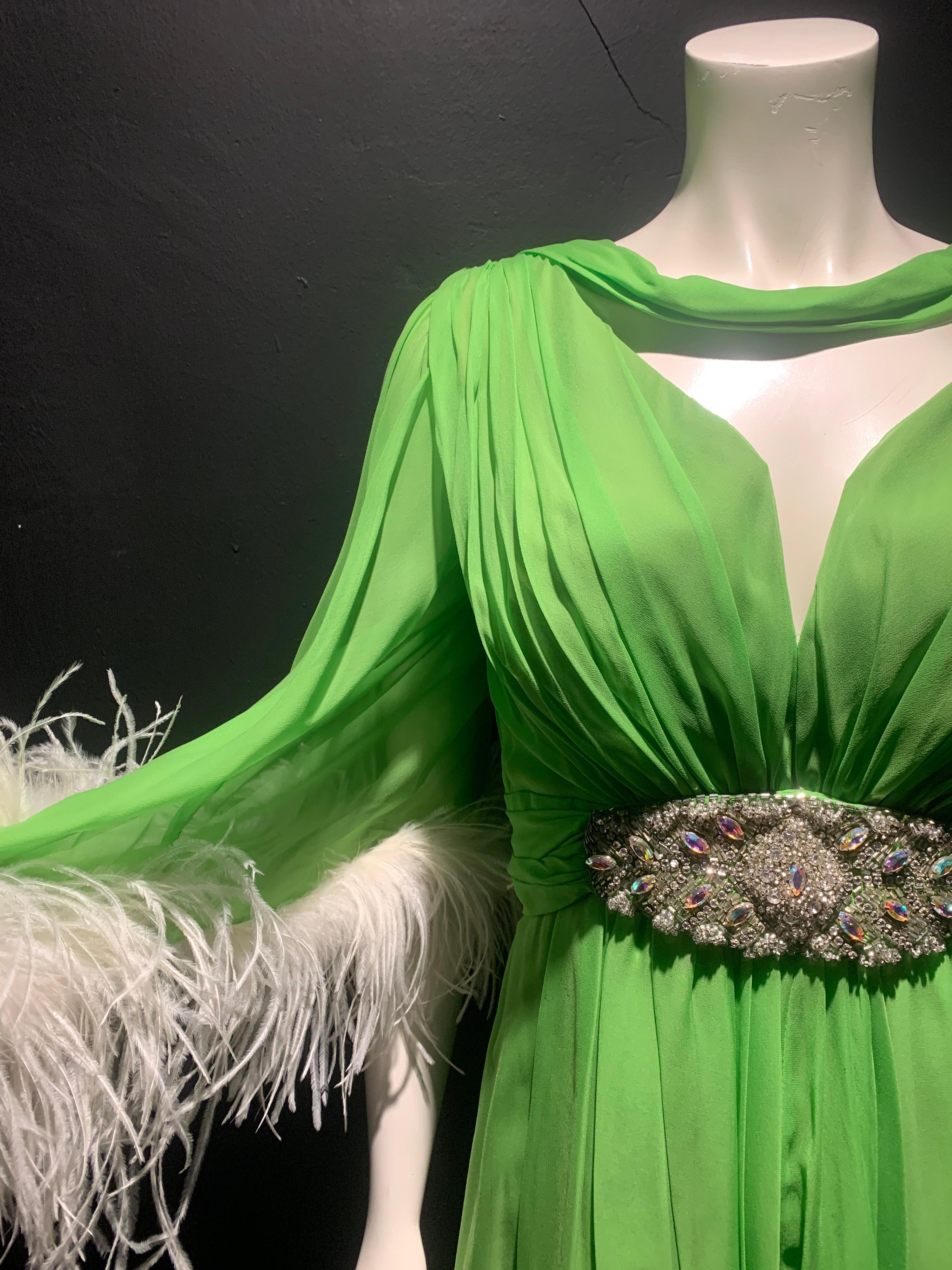 1960s Unlabeled Lime Silk Chiffon Cocktail Dress w/ Jeweled Belt & Ostrich Cuffs 6