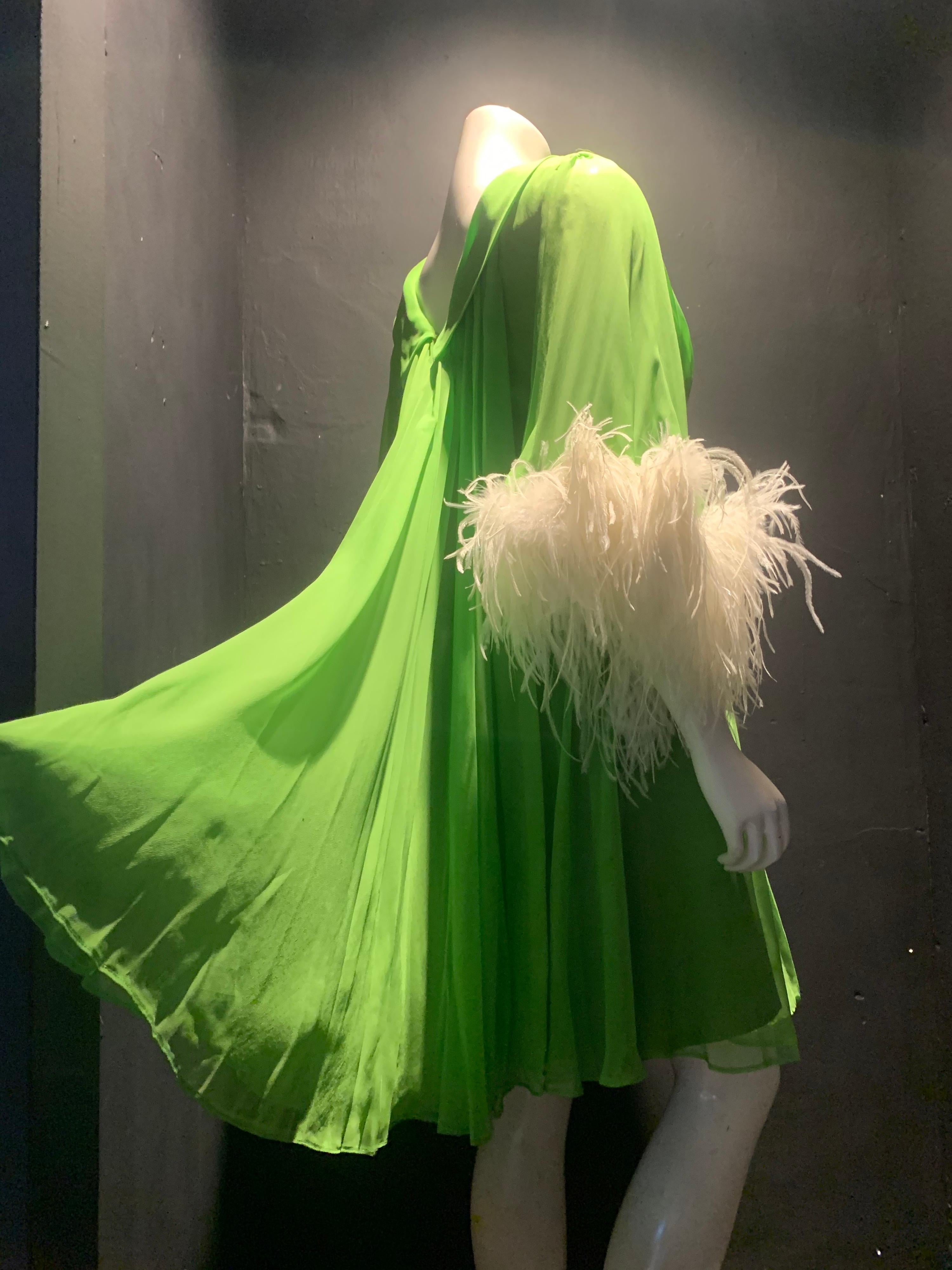 Green 1960s Unlabeled Lime Silk Chiffon Cocktail Dress w/ Jeweled Belt & Ostrich Cuffs