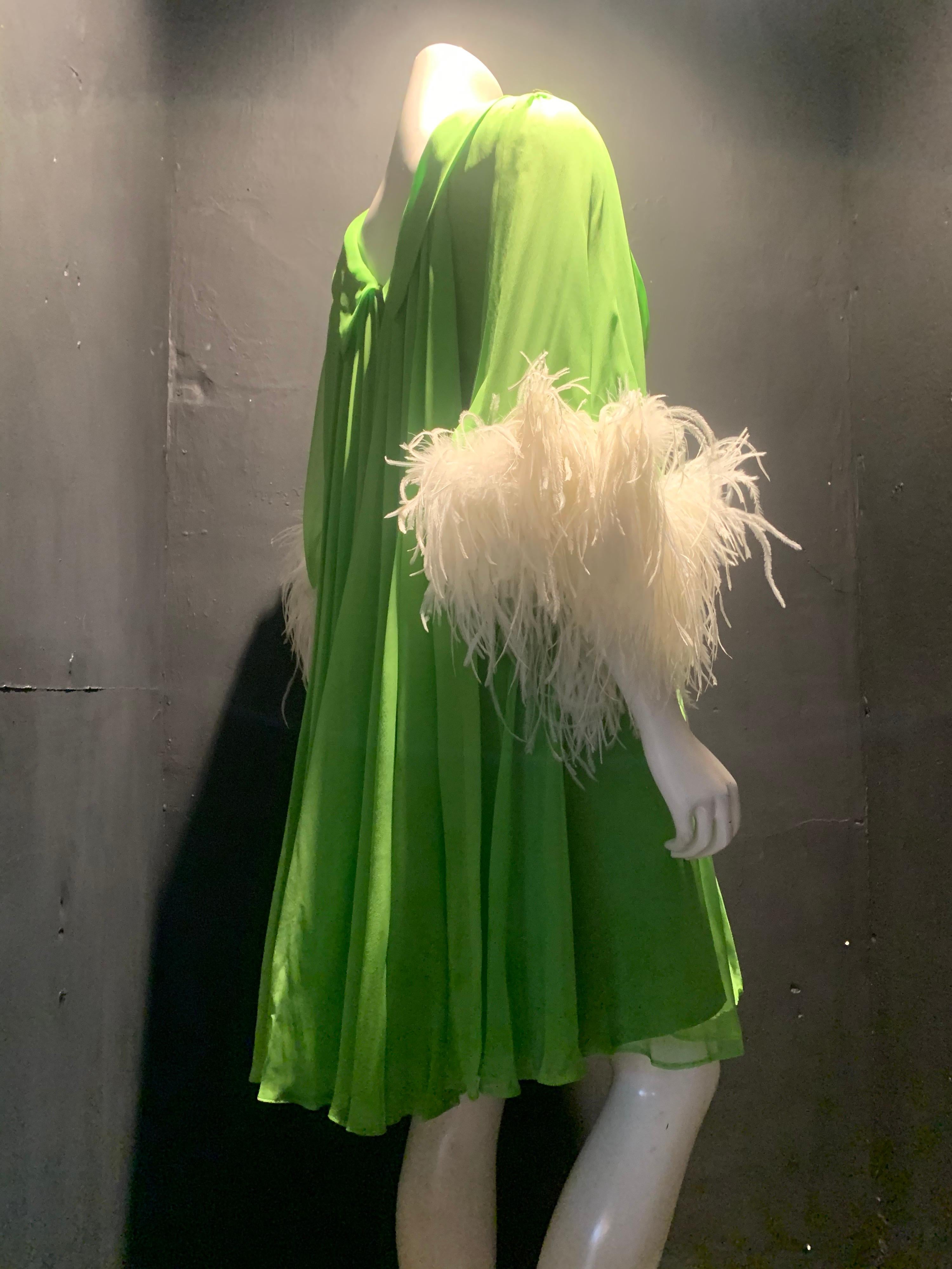 1960s Unlabeled Lime Silk Chiffon Cocktail Dress w/ Jeweled Belt & Ostrich Cuffs In Excellent Condition In Gresham, OR