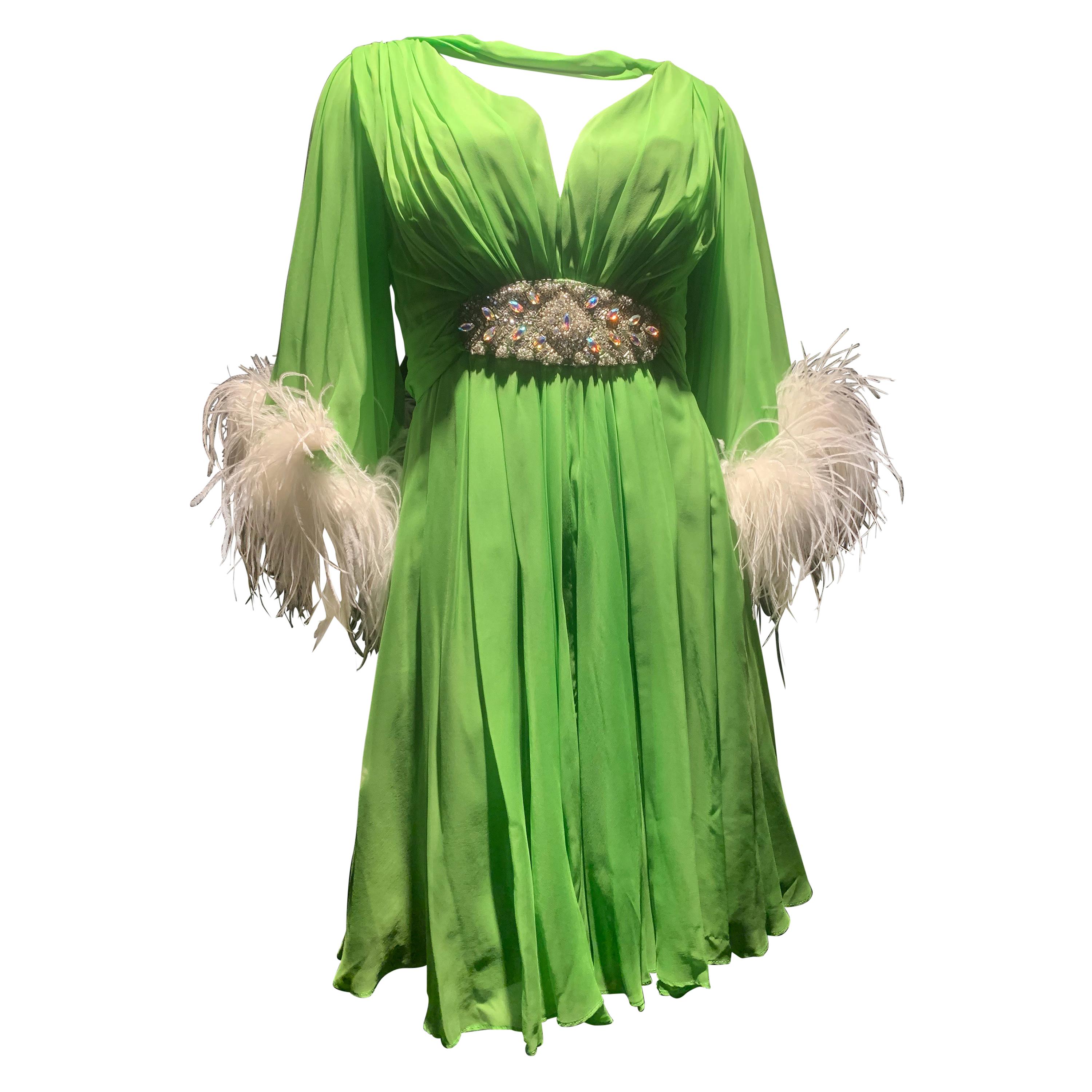 1960s Unlabeled Lime Silk Chiffon Cocktail Dress w/ Jeweled Belt & Ostrich Cuffs