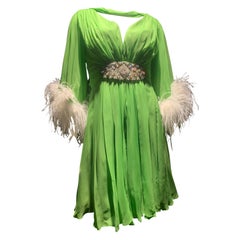 Retro 1960s Unlabeled Lime Silk Chiffon Cocktail Dress w/ Jeweled Belt & Ostrich Cuffs