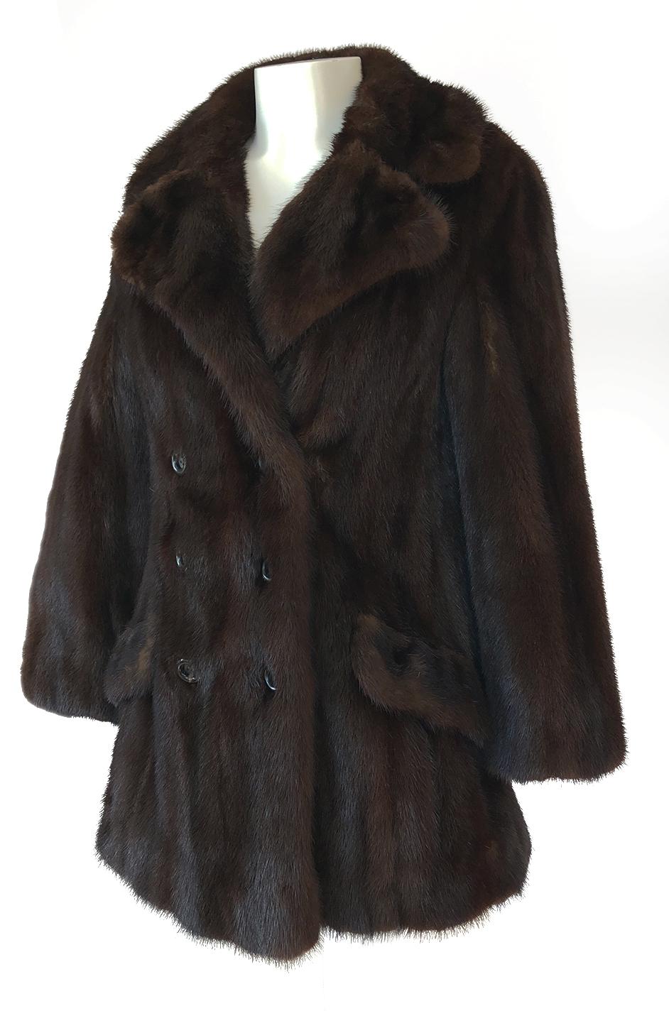1960s Unlabeled Pierre Cardin Deep Chocolate Fur Pea Jacket or Coat In Good Condition In Rockwood, ON