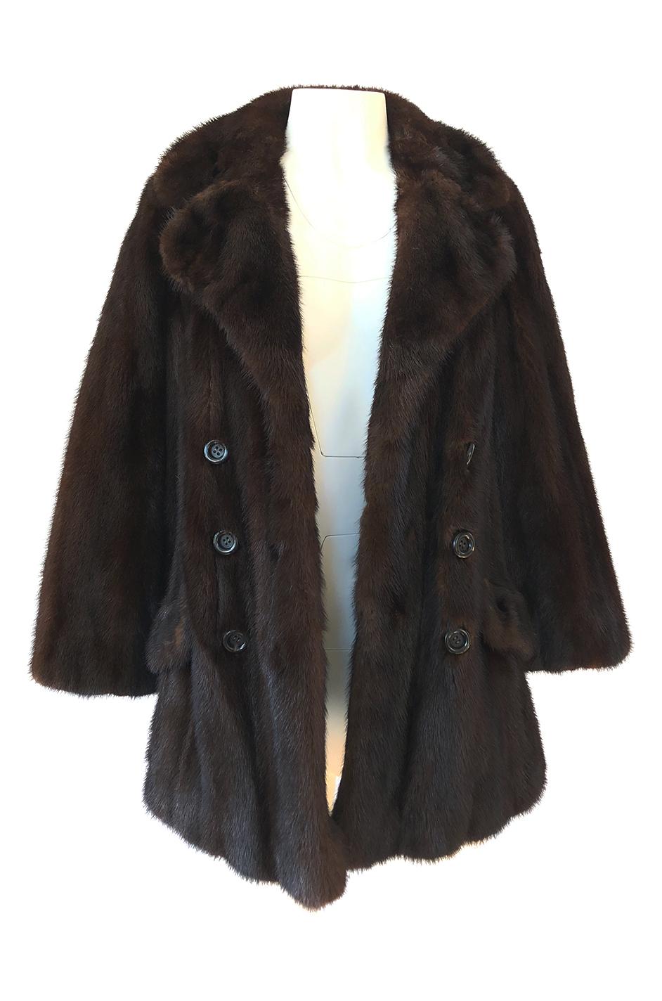 1960s Unlabeled Pierre Cardin Deep Chocolate Fur Pea Jacket or Coat 1