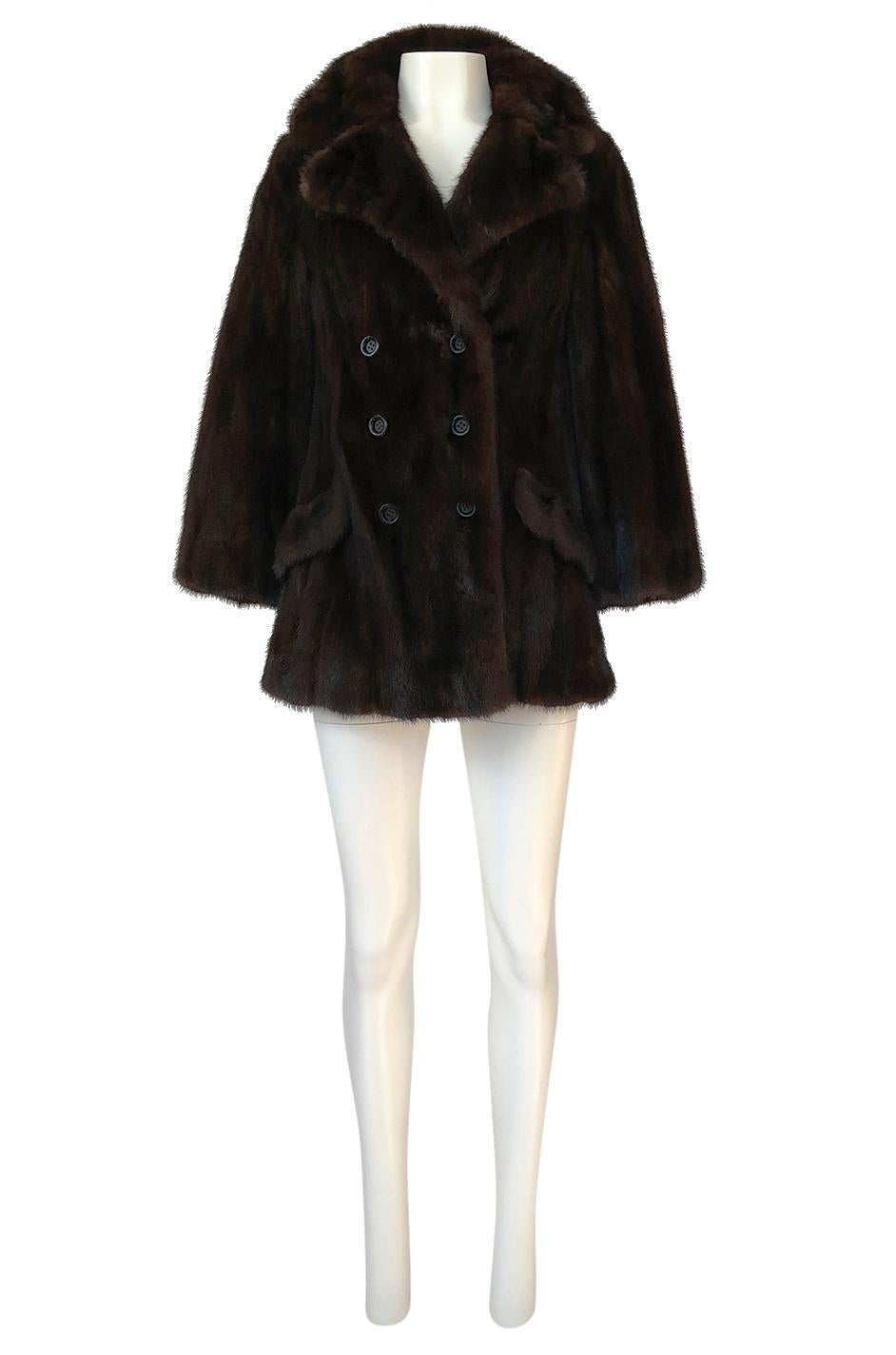 1960s Unlabeled Pierre Cardin Deep Chocolate Fur Pea Jacket or Coat 2