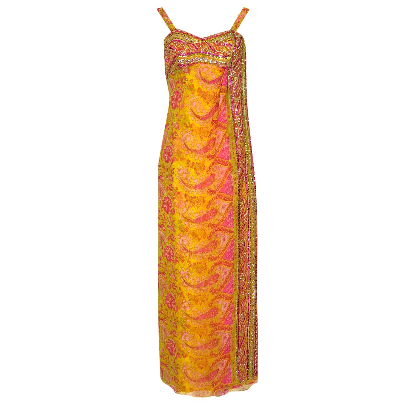 1960s Orange Floral Dress with Tuxedo Front
