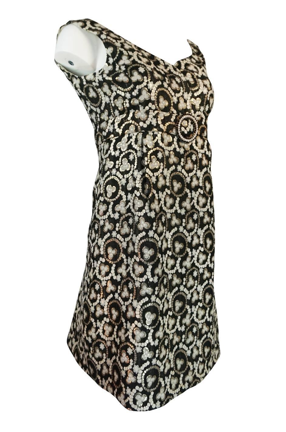 Black Metallic Gold Thread Print Mod Shift Dress, 1960s 
